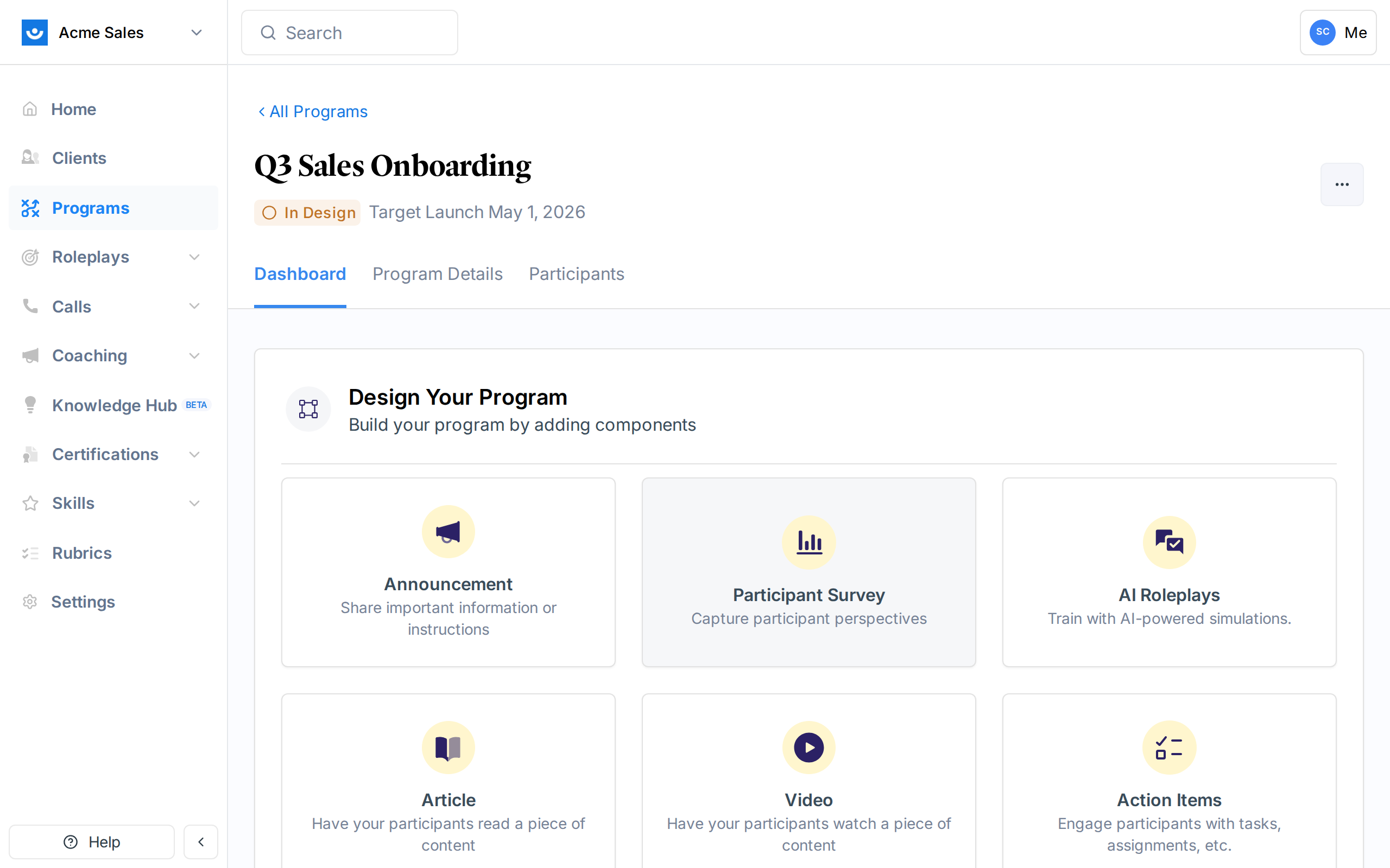 Program dashboard showing available component types