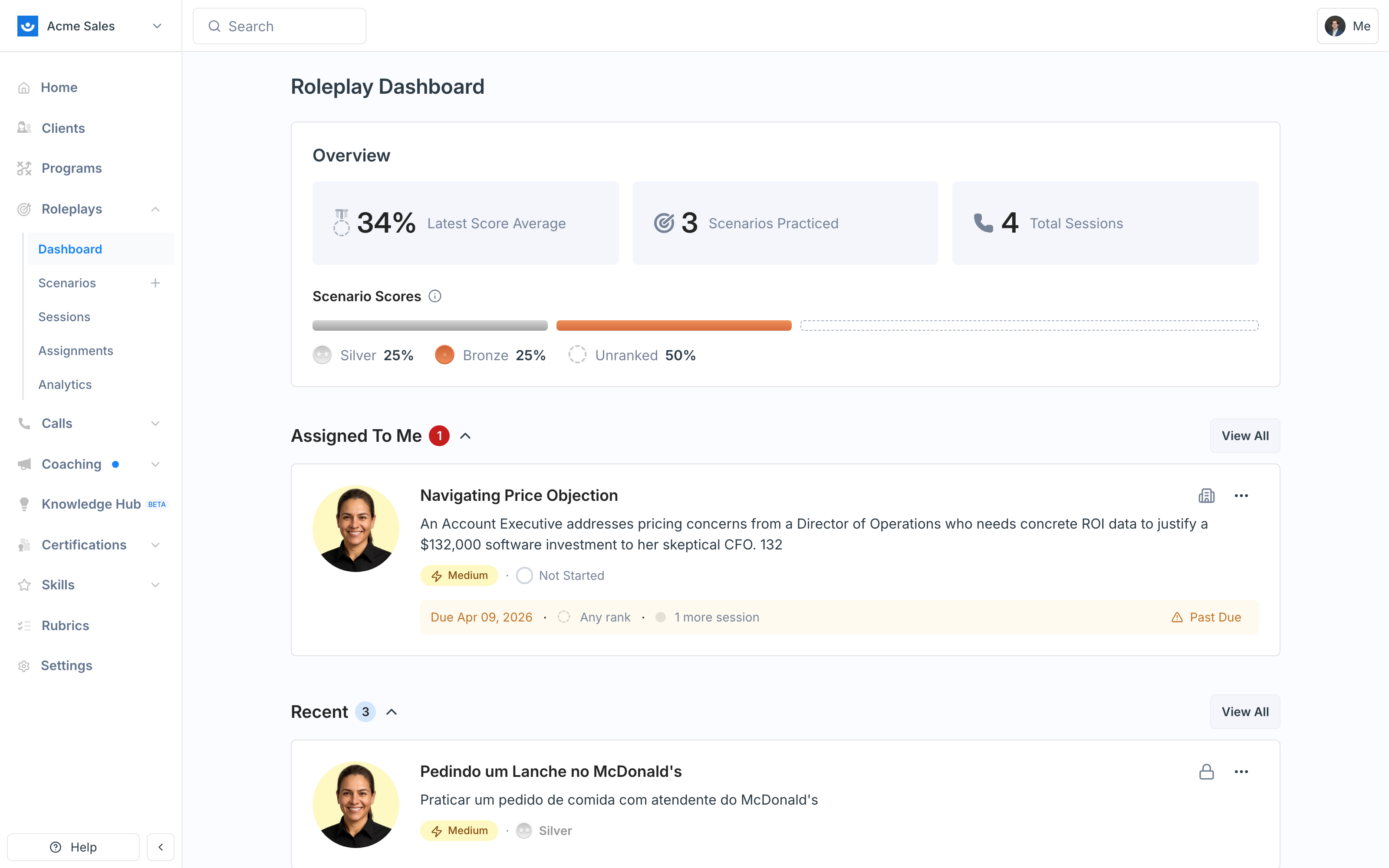 Roleplays dashboard showing recent scenarios and Created By Me section