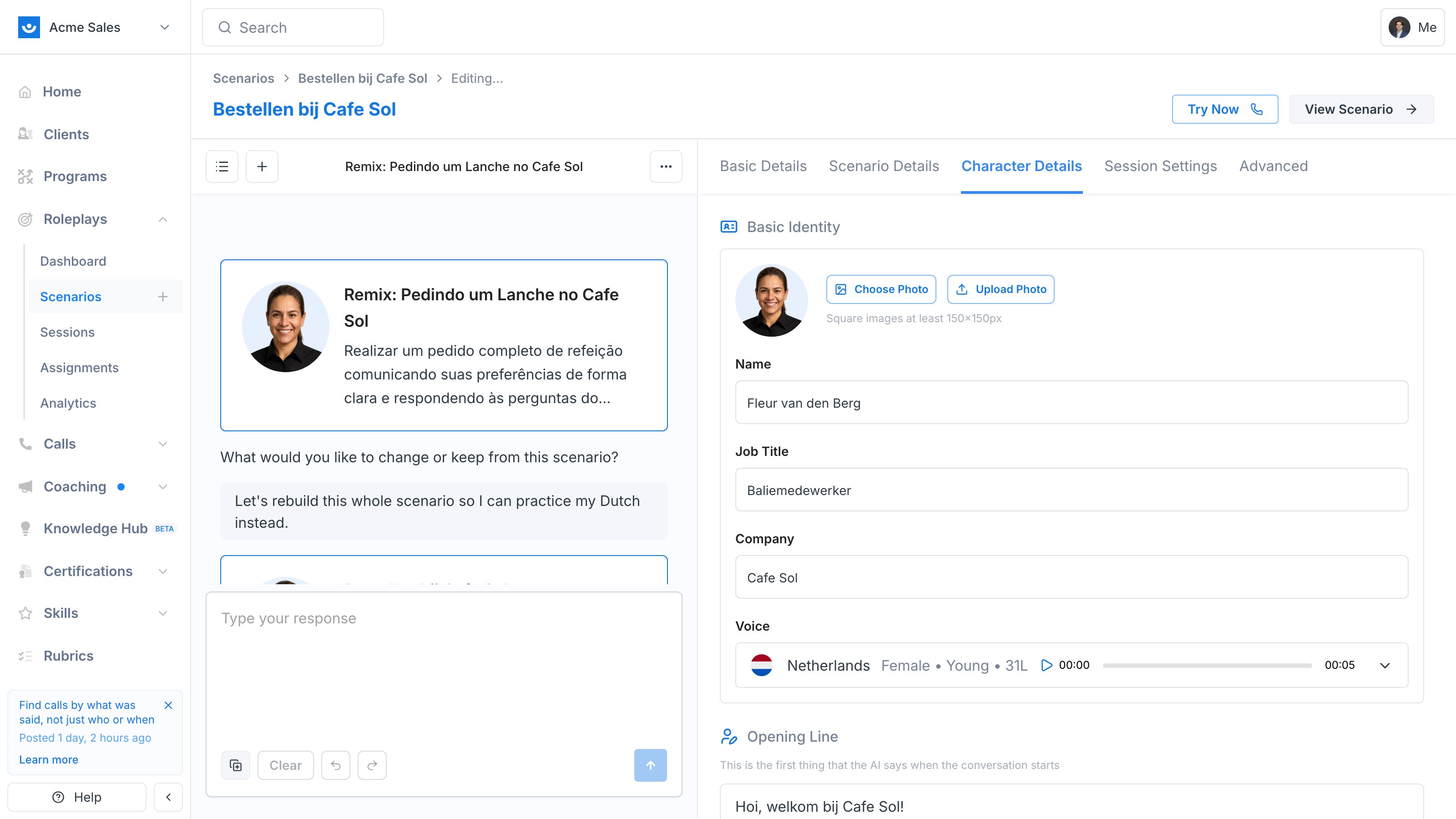Character Details panel showing the auto-selected localized voice with a country flag
