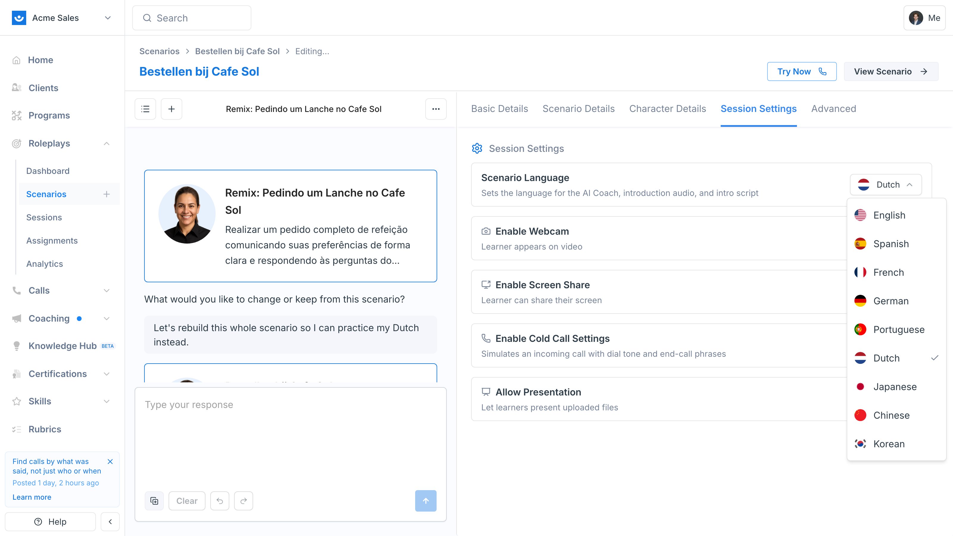 Session Settings panel with the Scenario Language dropdown open, showing the full list of supported languages