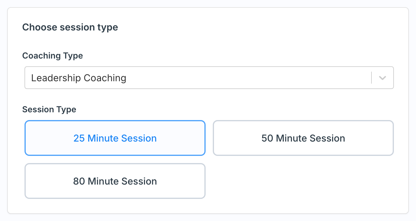 Choose session type card with a Coaching Type dropdown and session length options