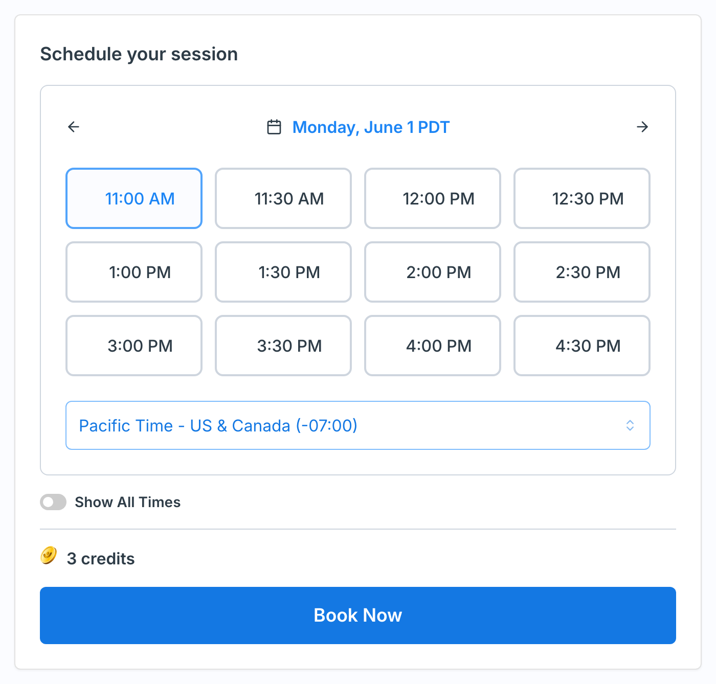 Scheduling card with a time selected, the credit cost, and the Book Now button