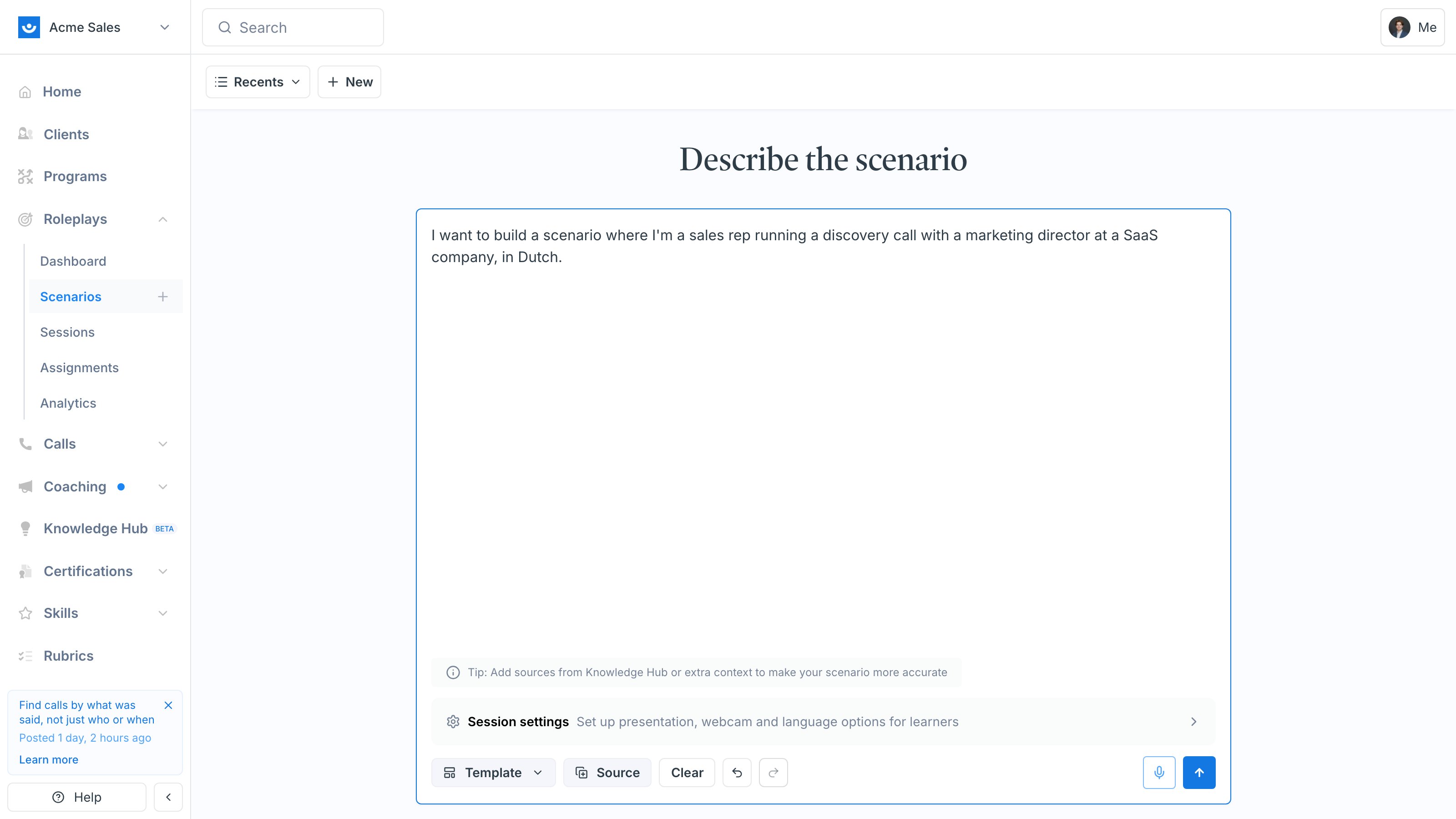 Scenario Studio prompt asking for a Dutch discovery call scenario