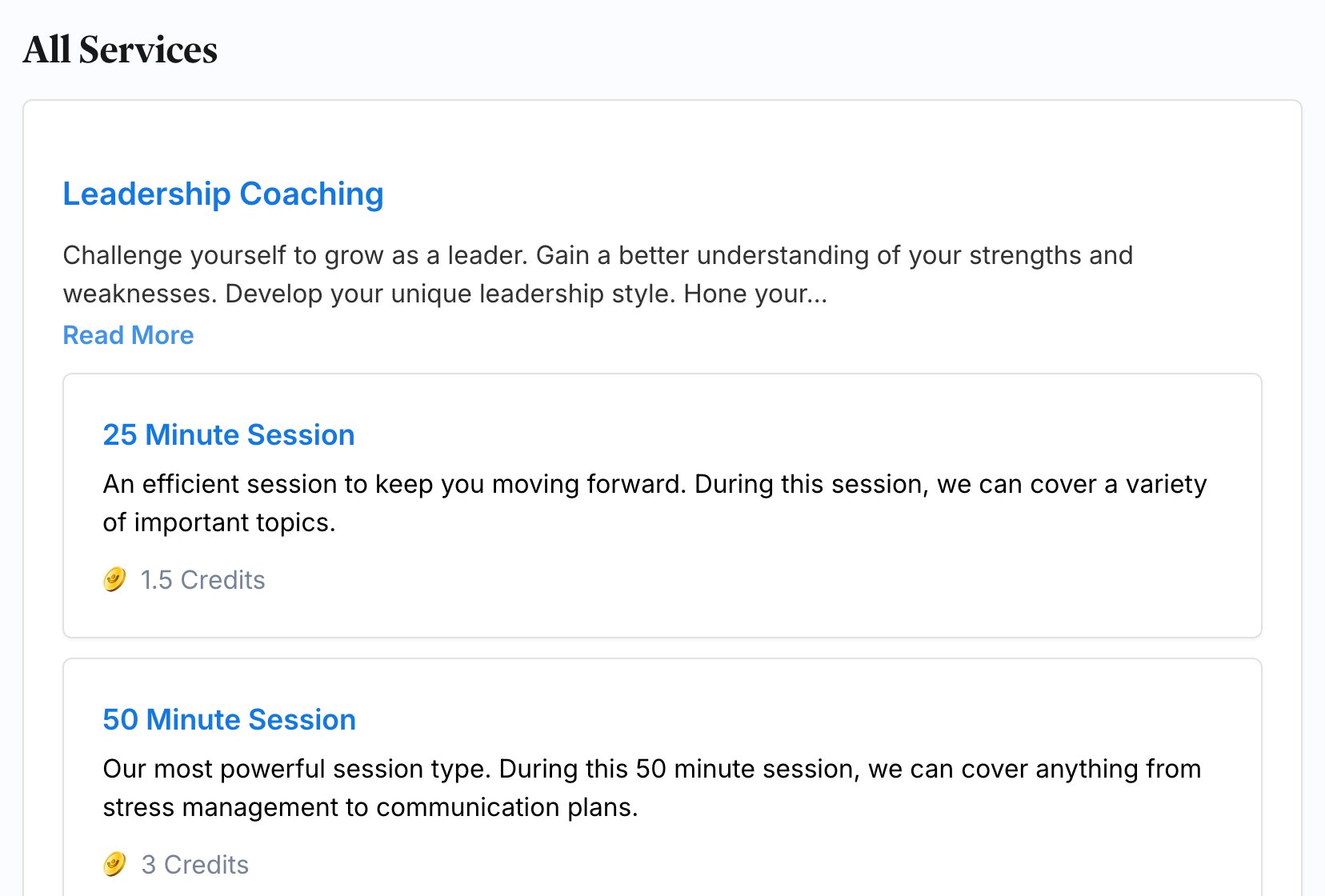 A coach's public profile All Services section, listing each session type with its credit cost
