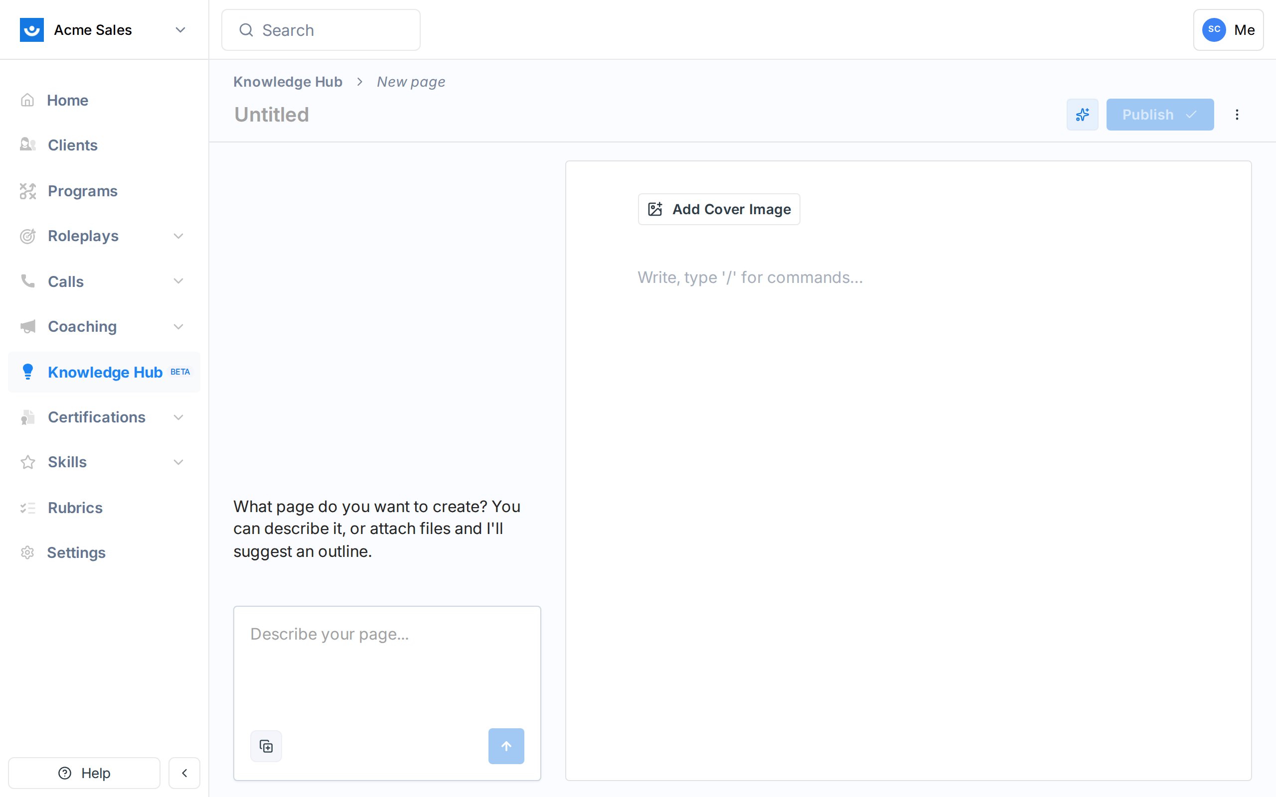 Knowledge Hub AI chat in Discovery mode, prompting you to describe the page you want to create