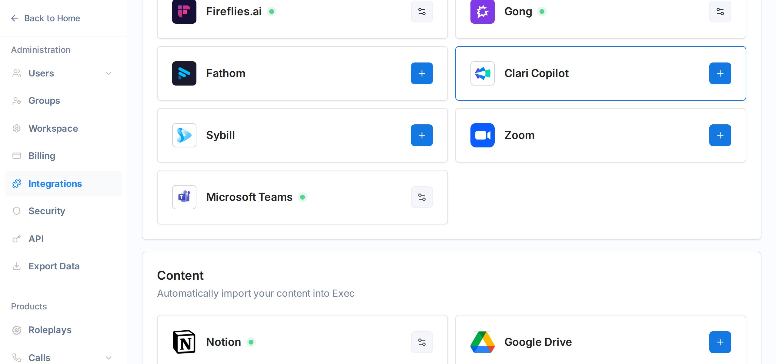 Workspace integrations page showing Notion under the Content section