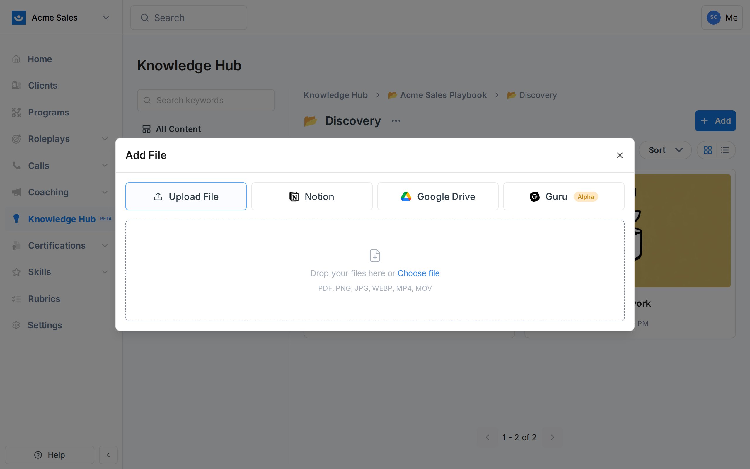 Add File dialog with options for Upload File, Notion, Google Drive, and Guru