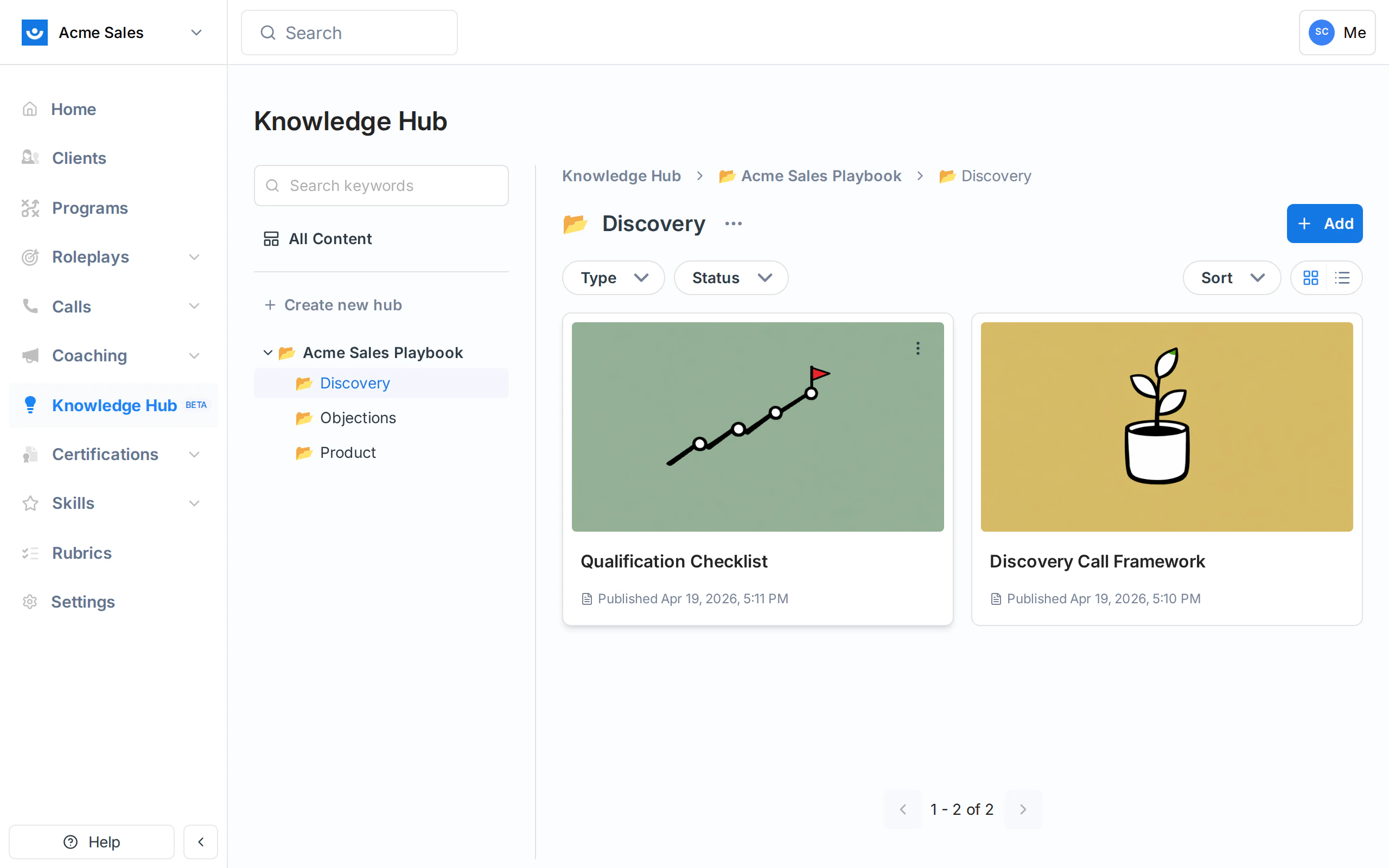 Discovery folder inside Acme Sales Playbook containing two published pages