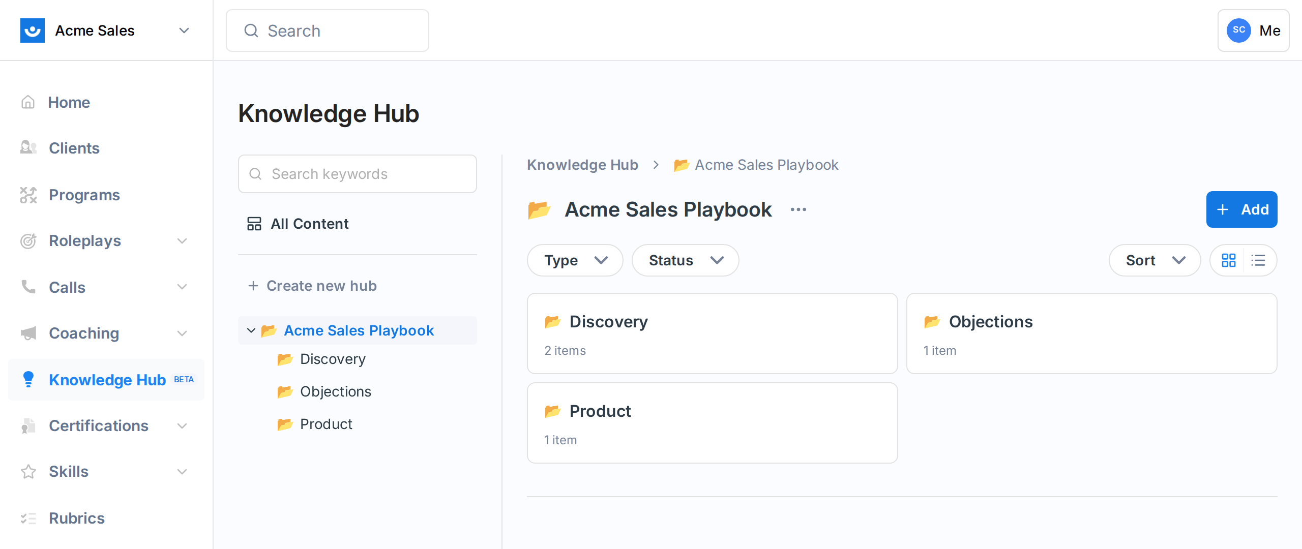 Knowledge Hub library showing the Acme Sales Playbook with Discovery, Objections, and Product folders