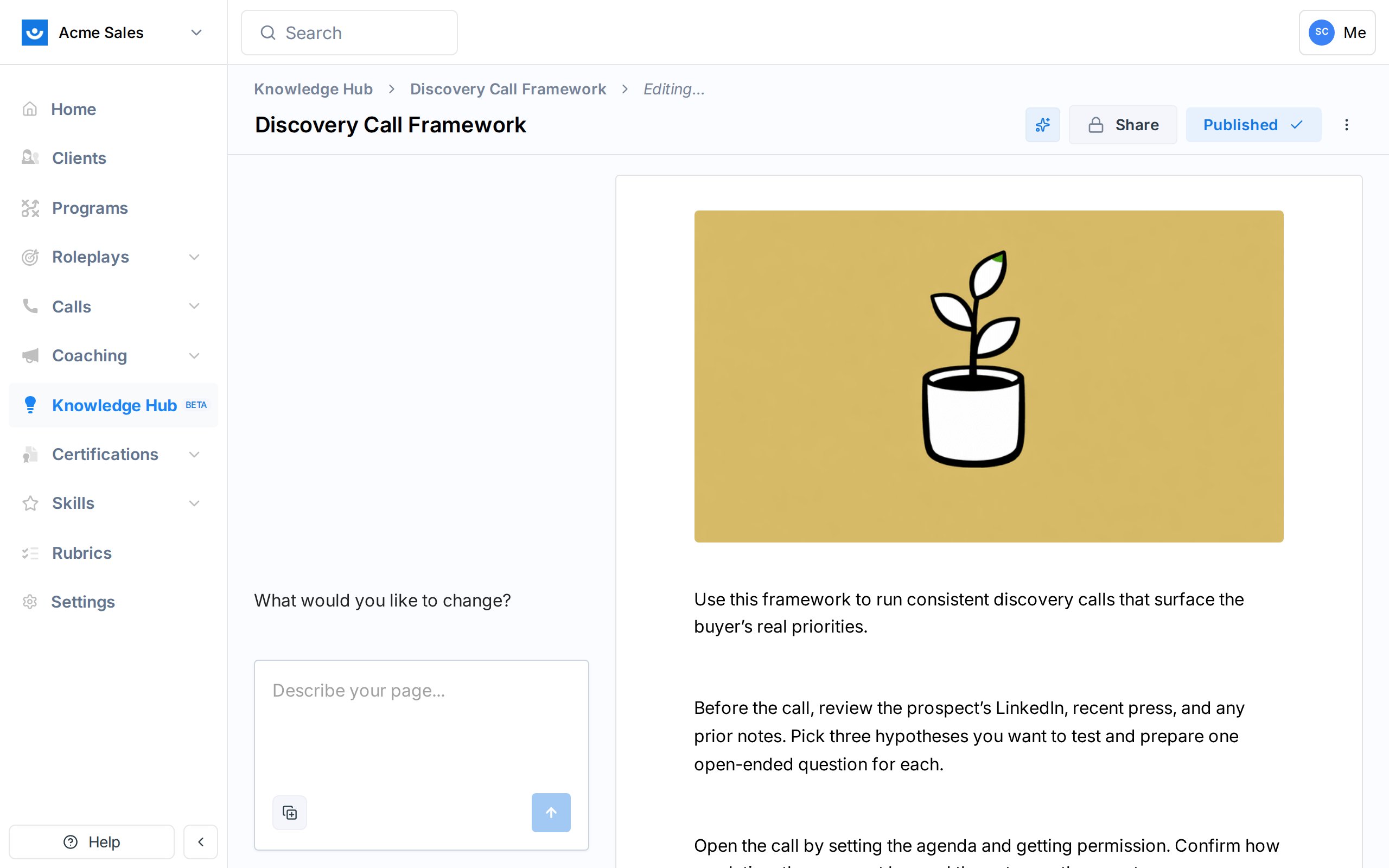 AI chat panel on the left with the page body editor on the right