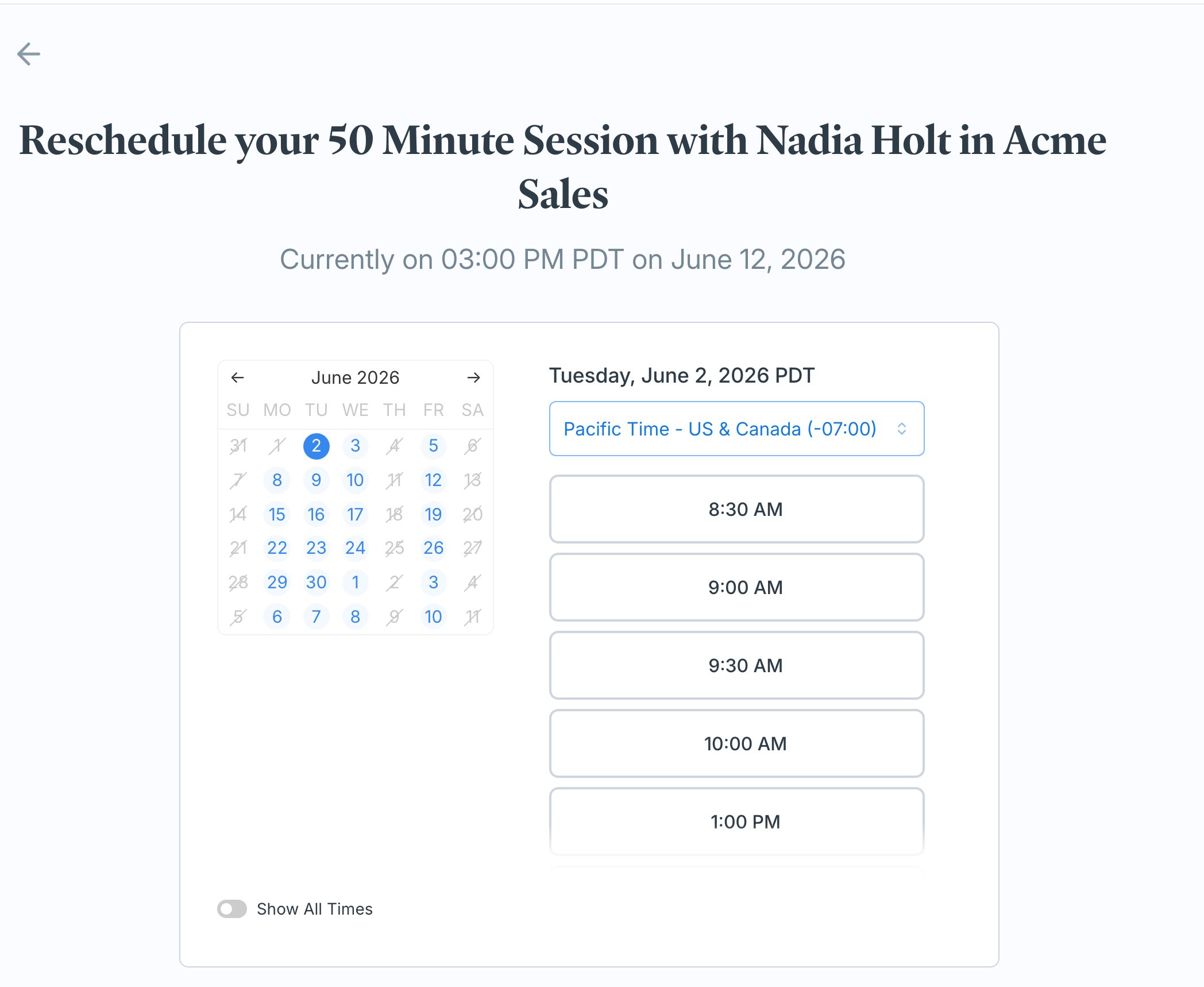 Reschedule page with a calendar of available days and time slots