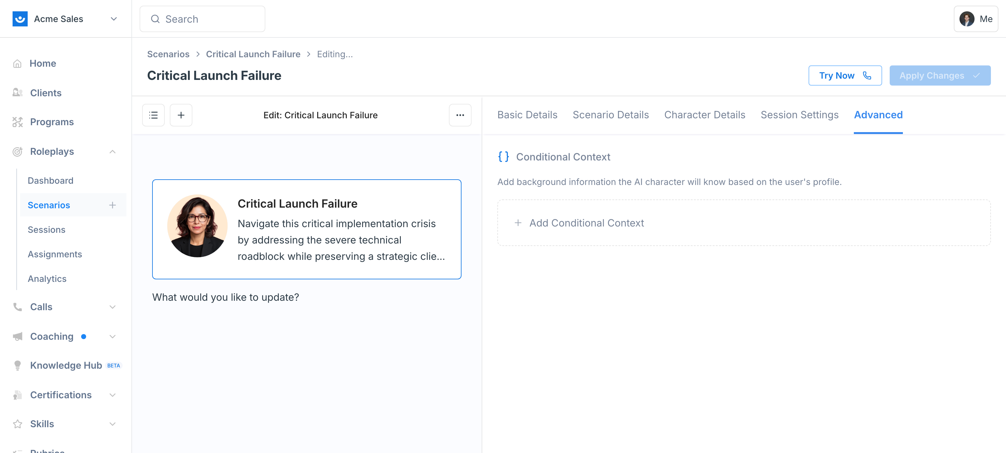 The Advanced tab in the Scenario Studio showing the Conditional Context section
