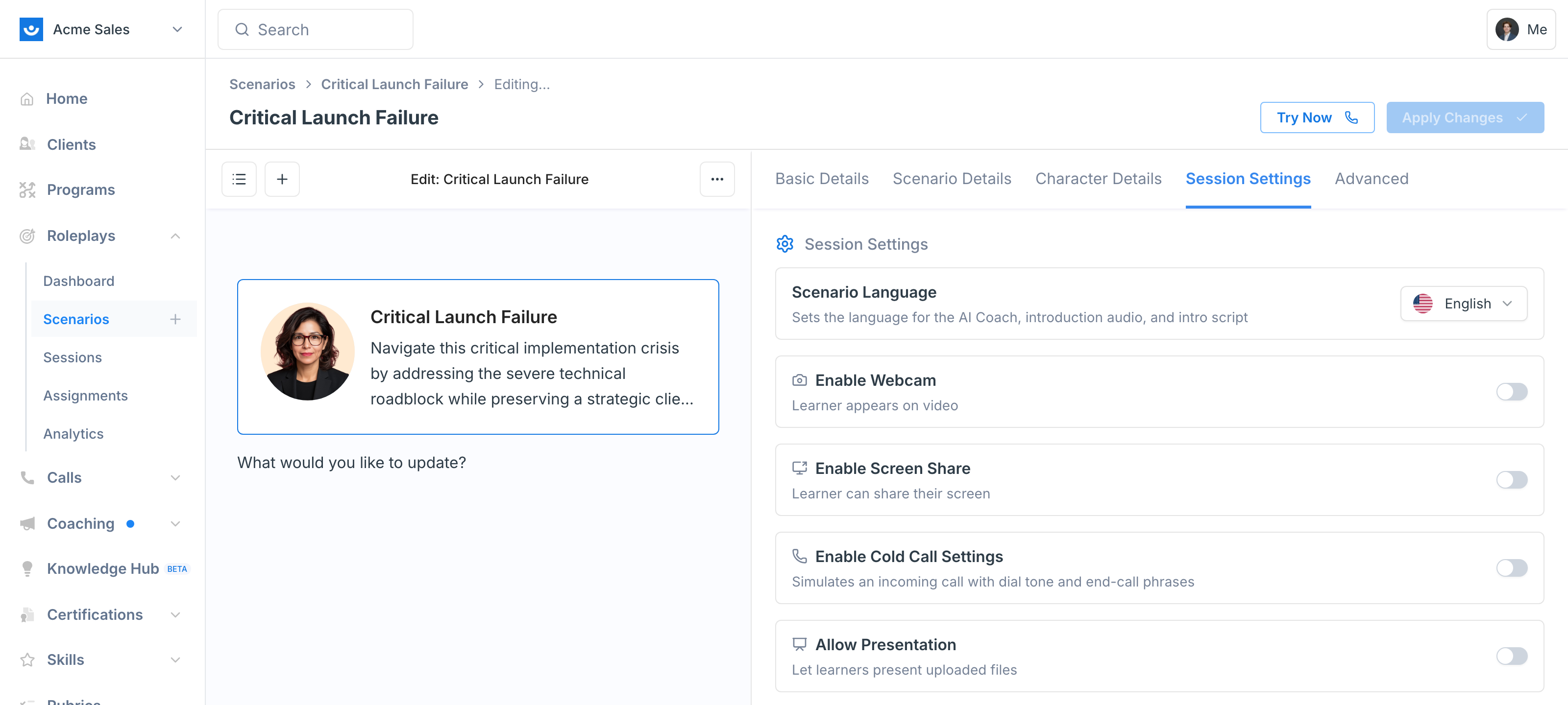 Session Settings tab showing language, webcam, screen share, cold call, and presentation toggles