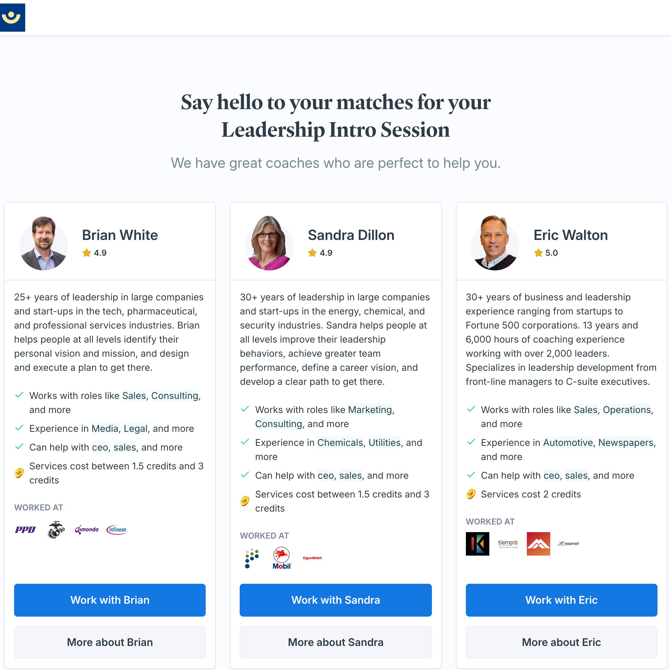 Coach matches with bios, ratings, and Work with buttons