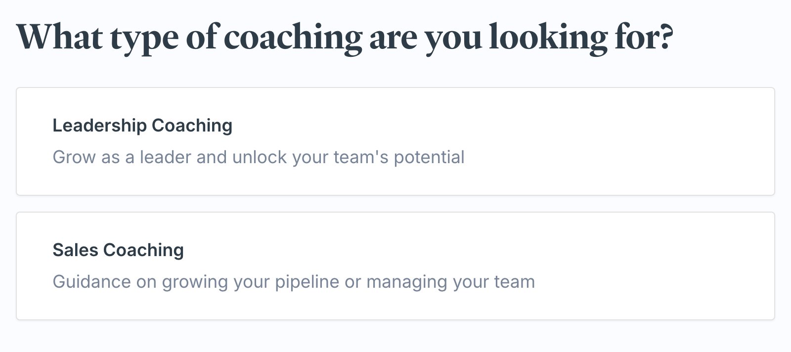 The What type of coaching are you looking for screen, showing coaching focus areas to choose from