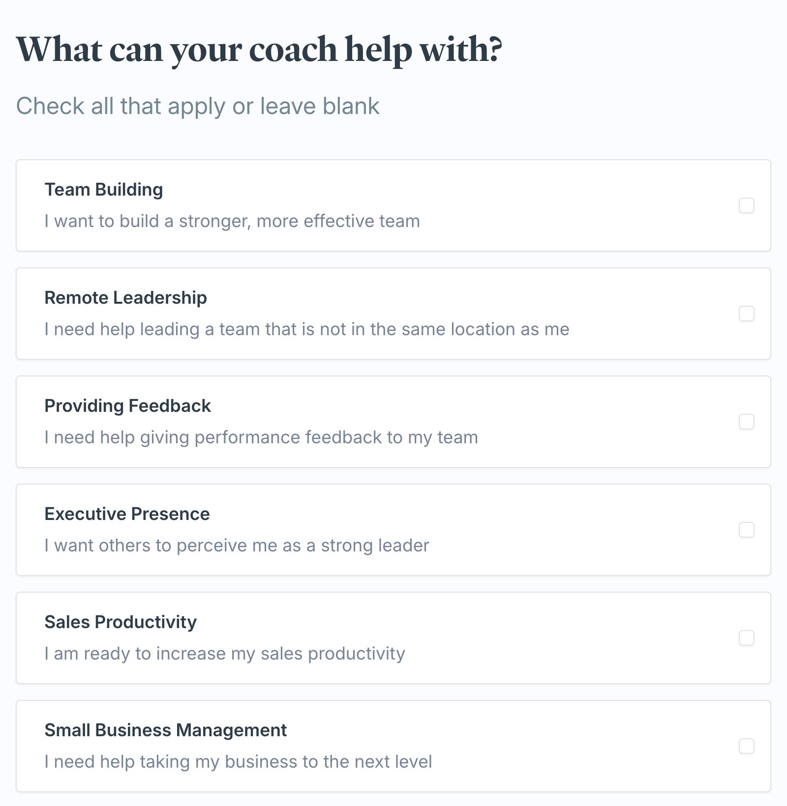 A matching survey question with checkbox options