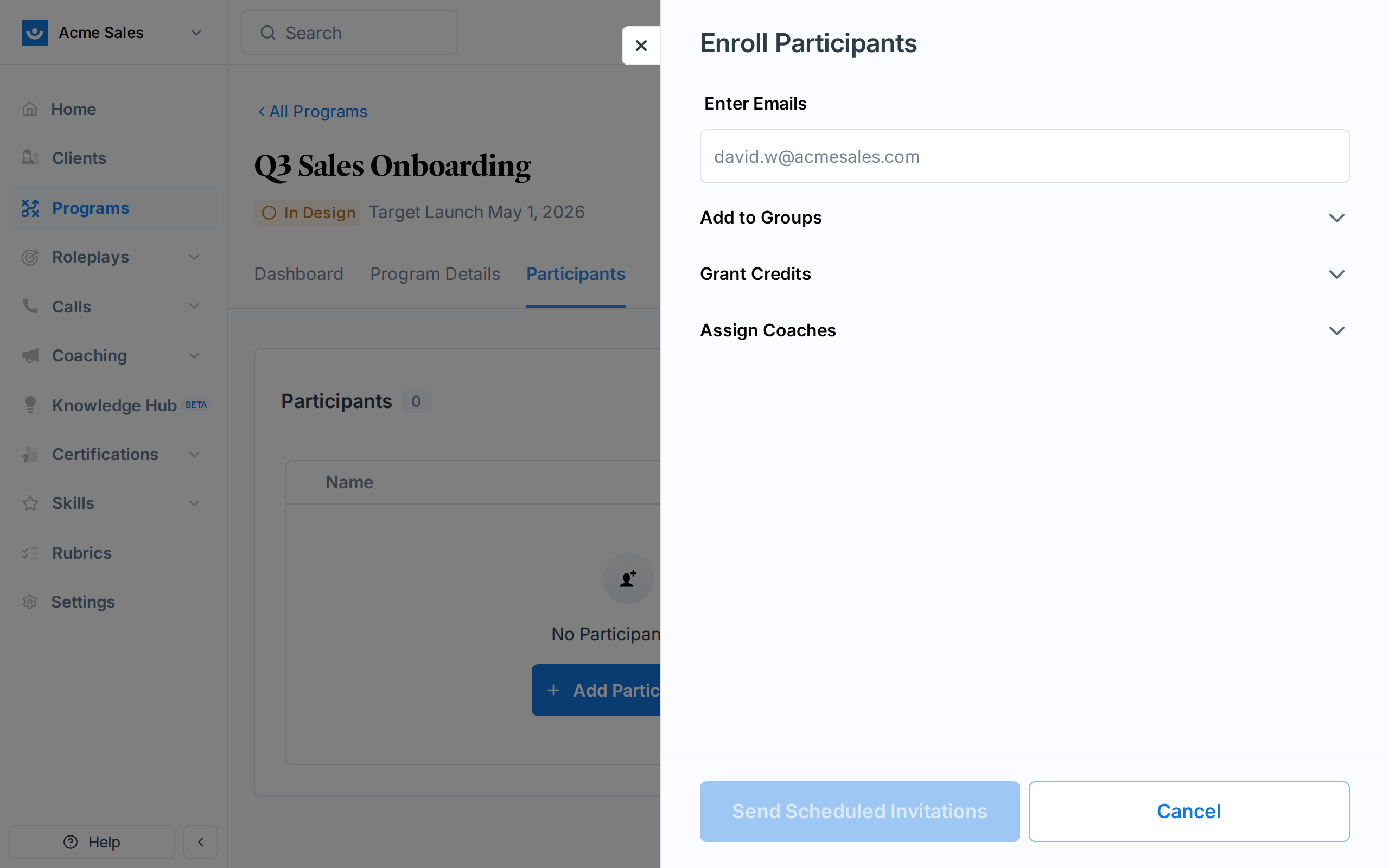 Enroll Participants drawer with email input, groups, credits, and coaches options