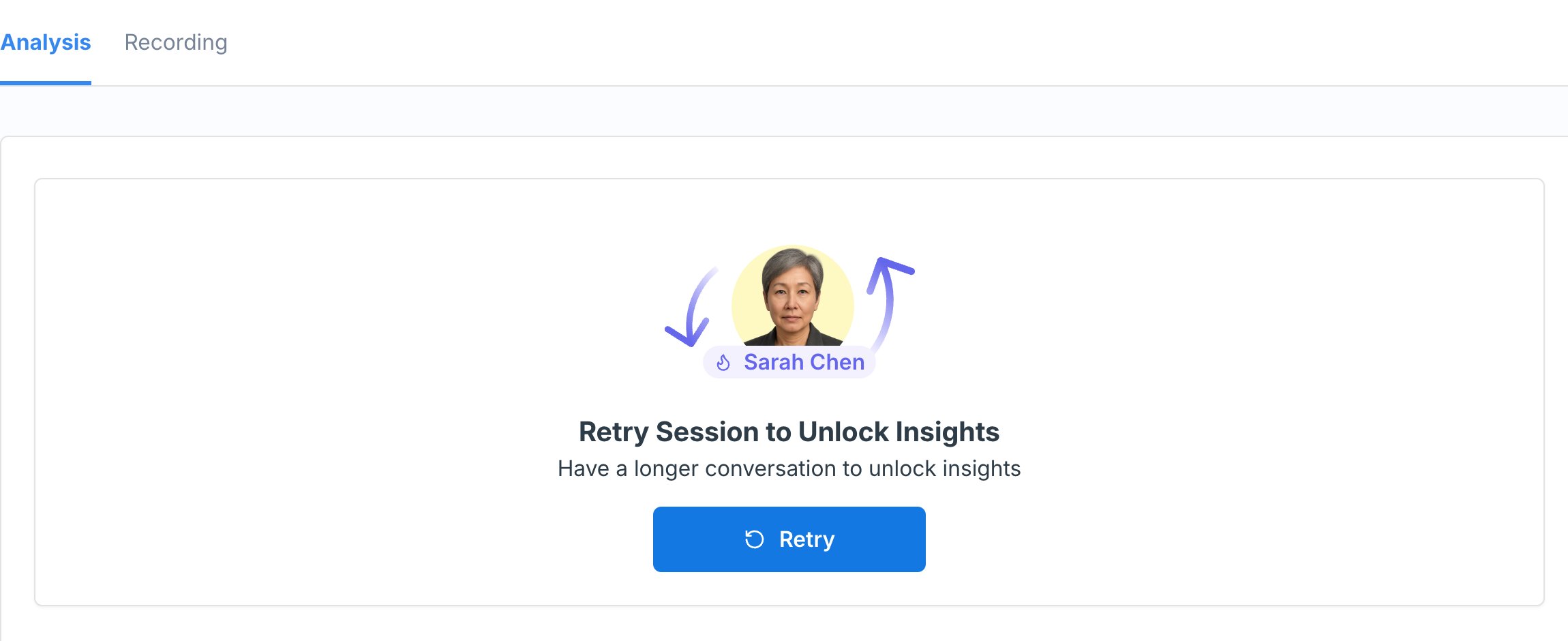 Roleplay feedback page showing the Retry Session to Unlock Insights message with the sub-heading "Have a longer conversation to unlock insights" and a Retry button