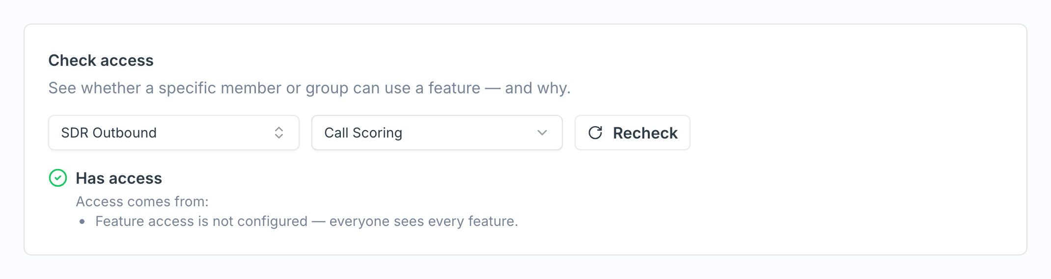 The Check access panel showing a verdict and the reasons behind it