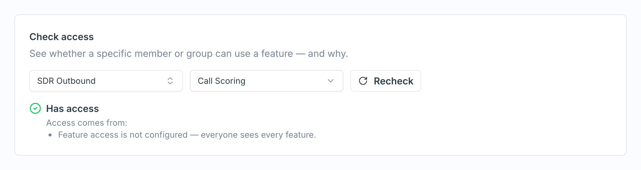 The Check access panel showing a verdict and the reasons behind it