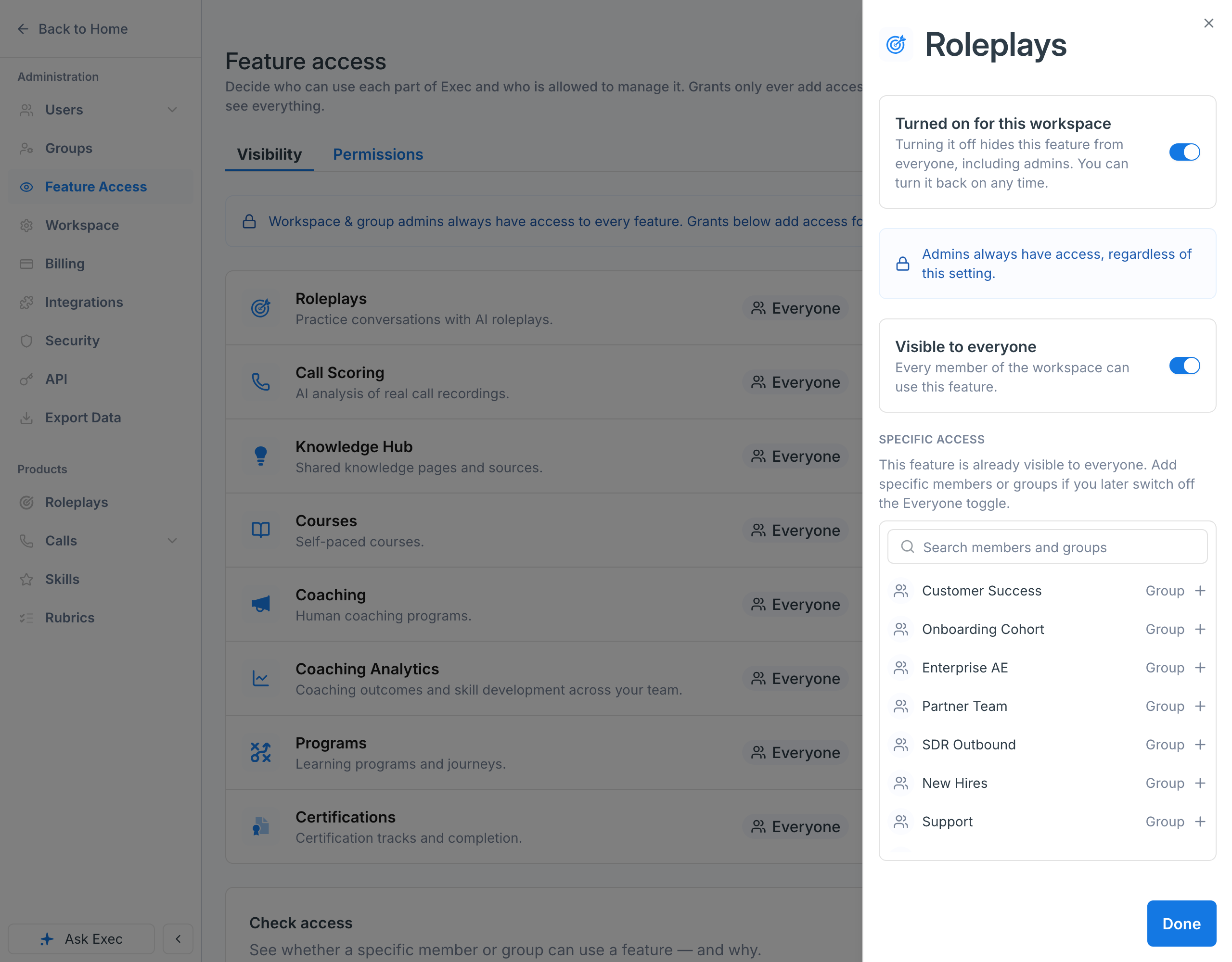 The Roleplays panel with the workspace toggle, the Everyone toggle, and the specific access list