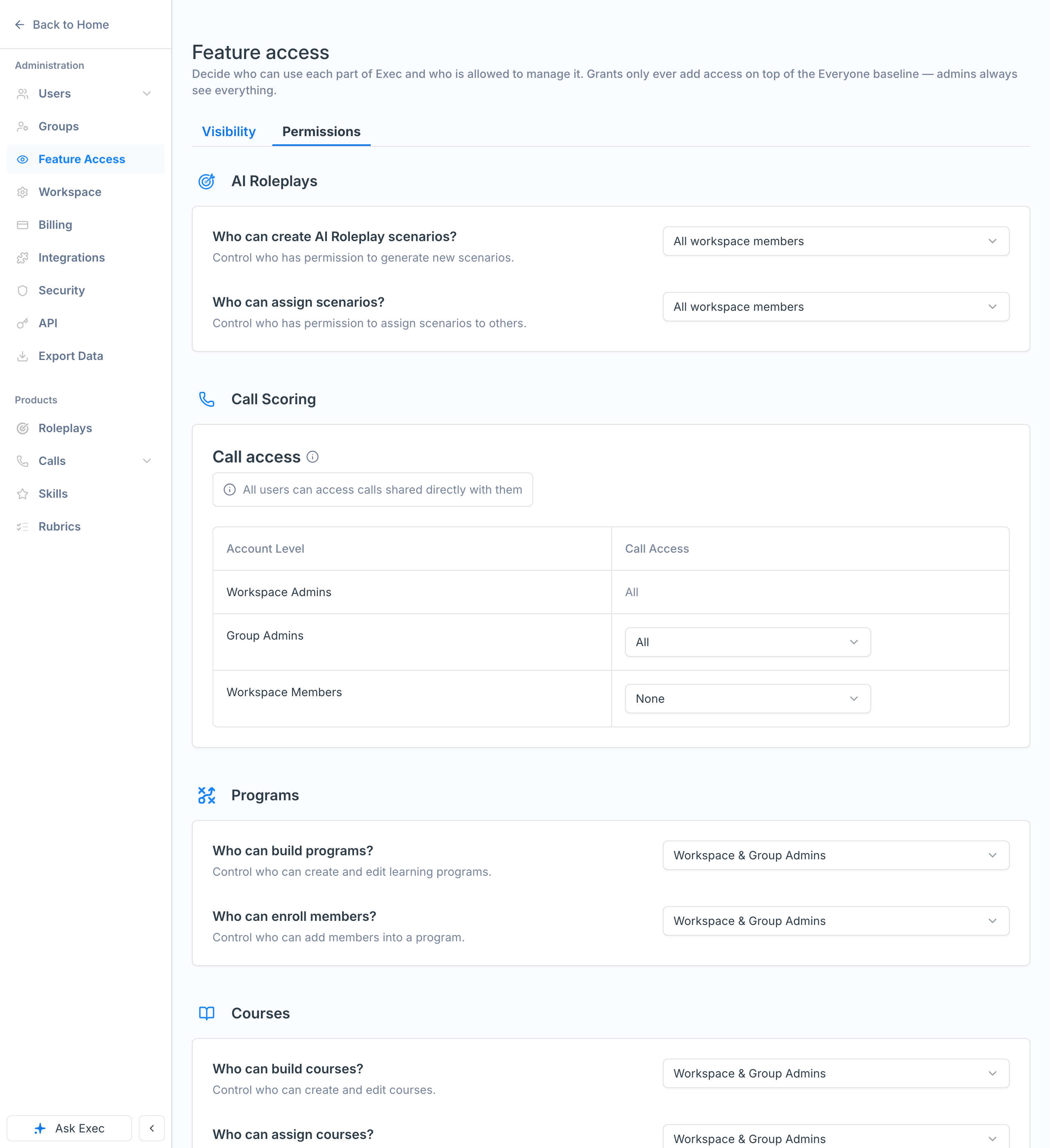 The Permissions tab with per-product action settings for Roleplays, Call Scoring, Programs, and Courses