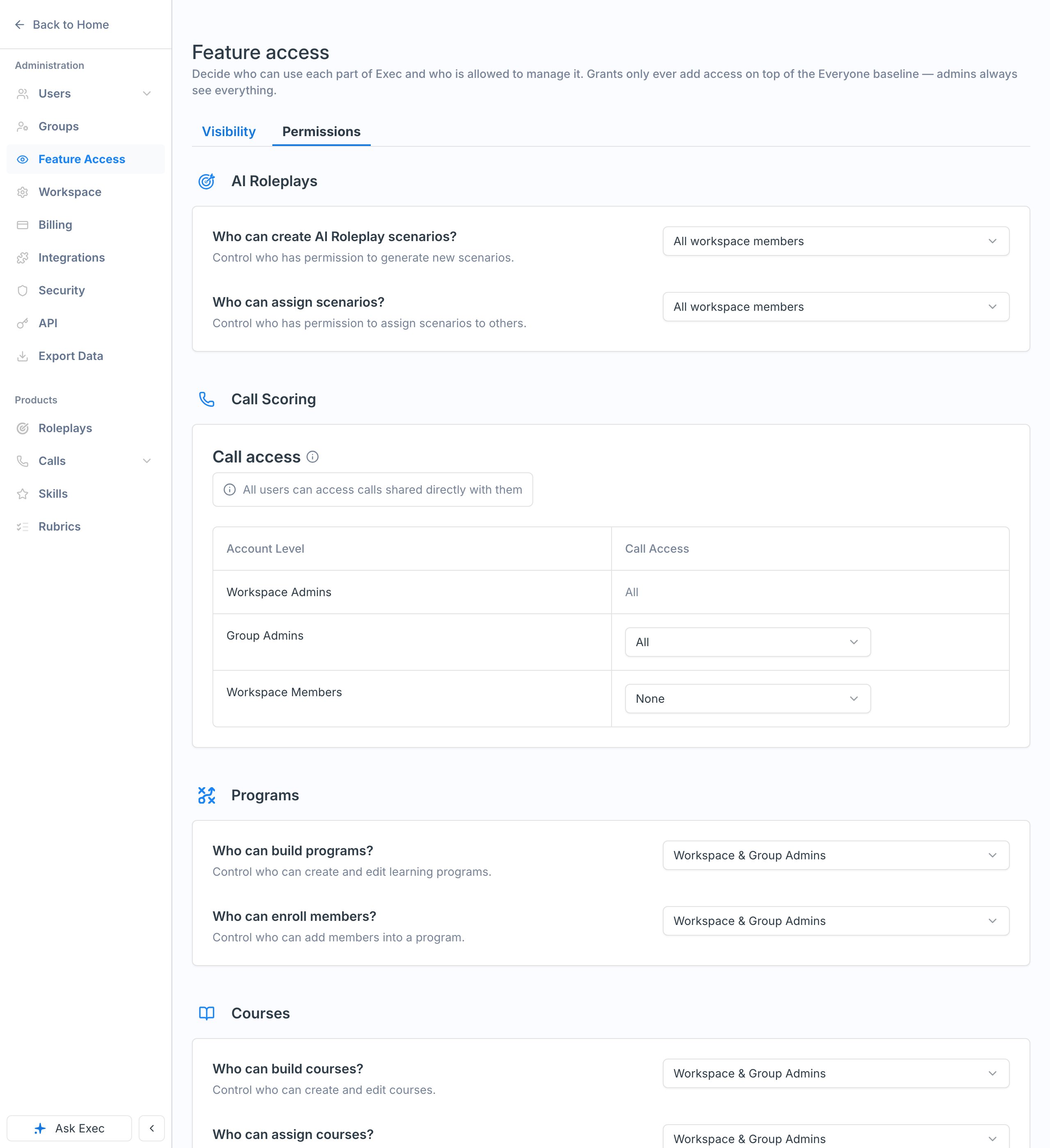 The Permissions tab with per-product action settings for Roleplays, Call Scoring, Programs, and Courses