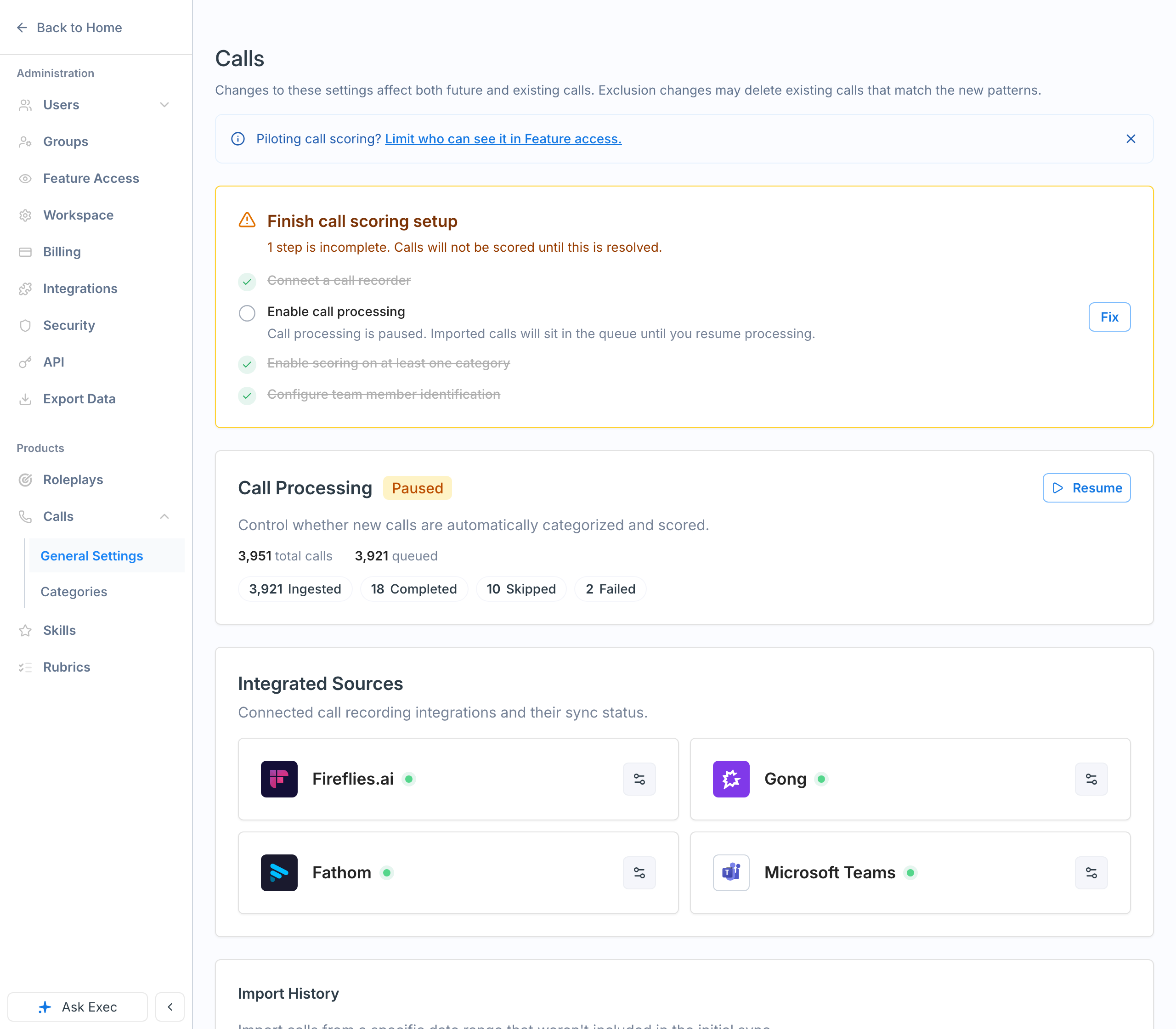 The Calls general settings page with the setup checklist and call processing controls