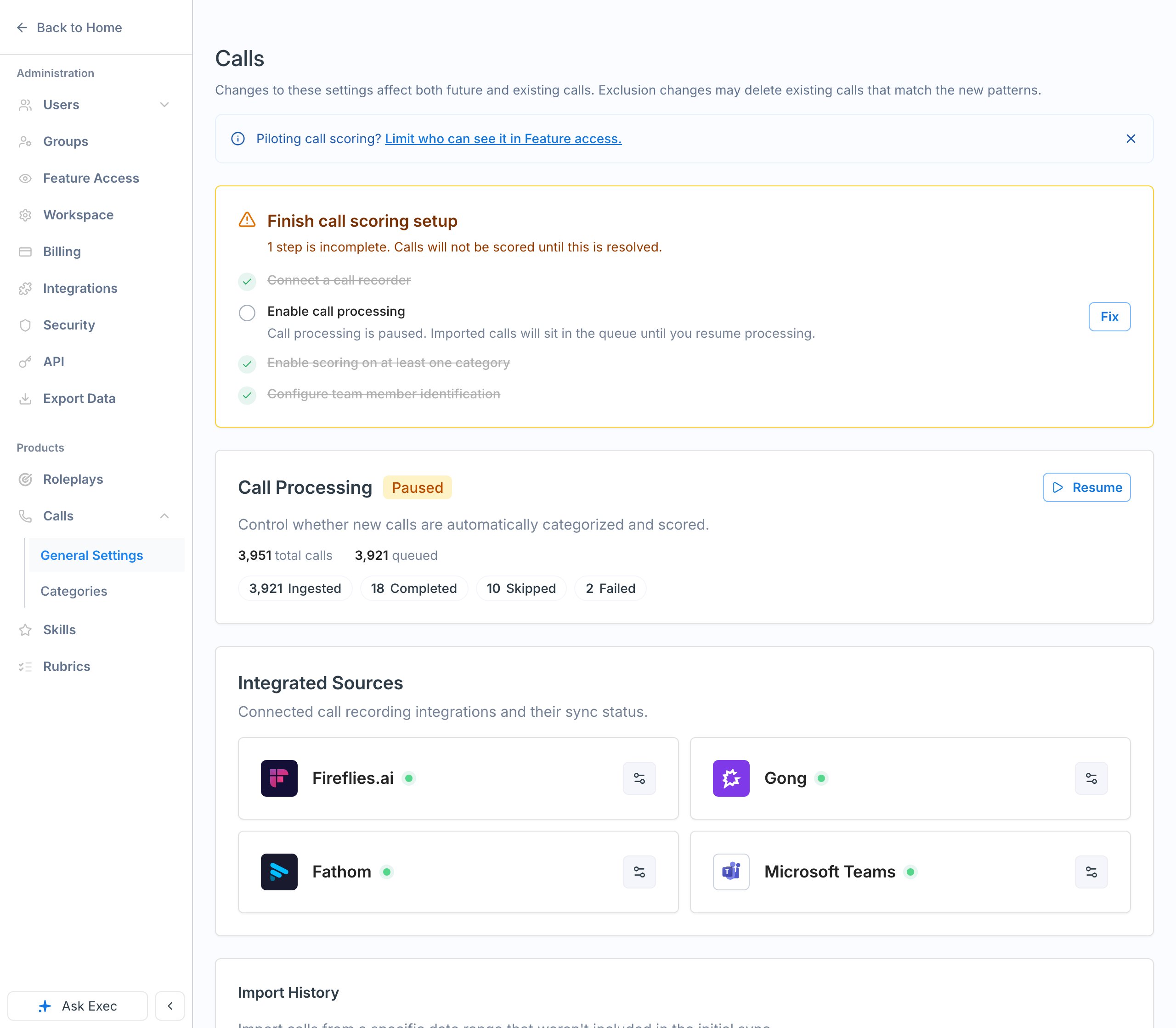 The Calls general settings page with the setup checklist and call processing controls