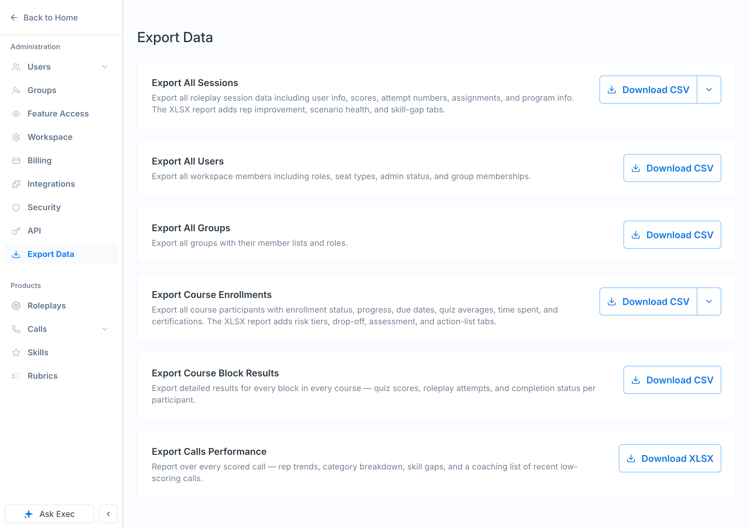 The Export Data page showing each available export