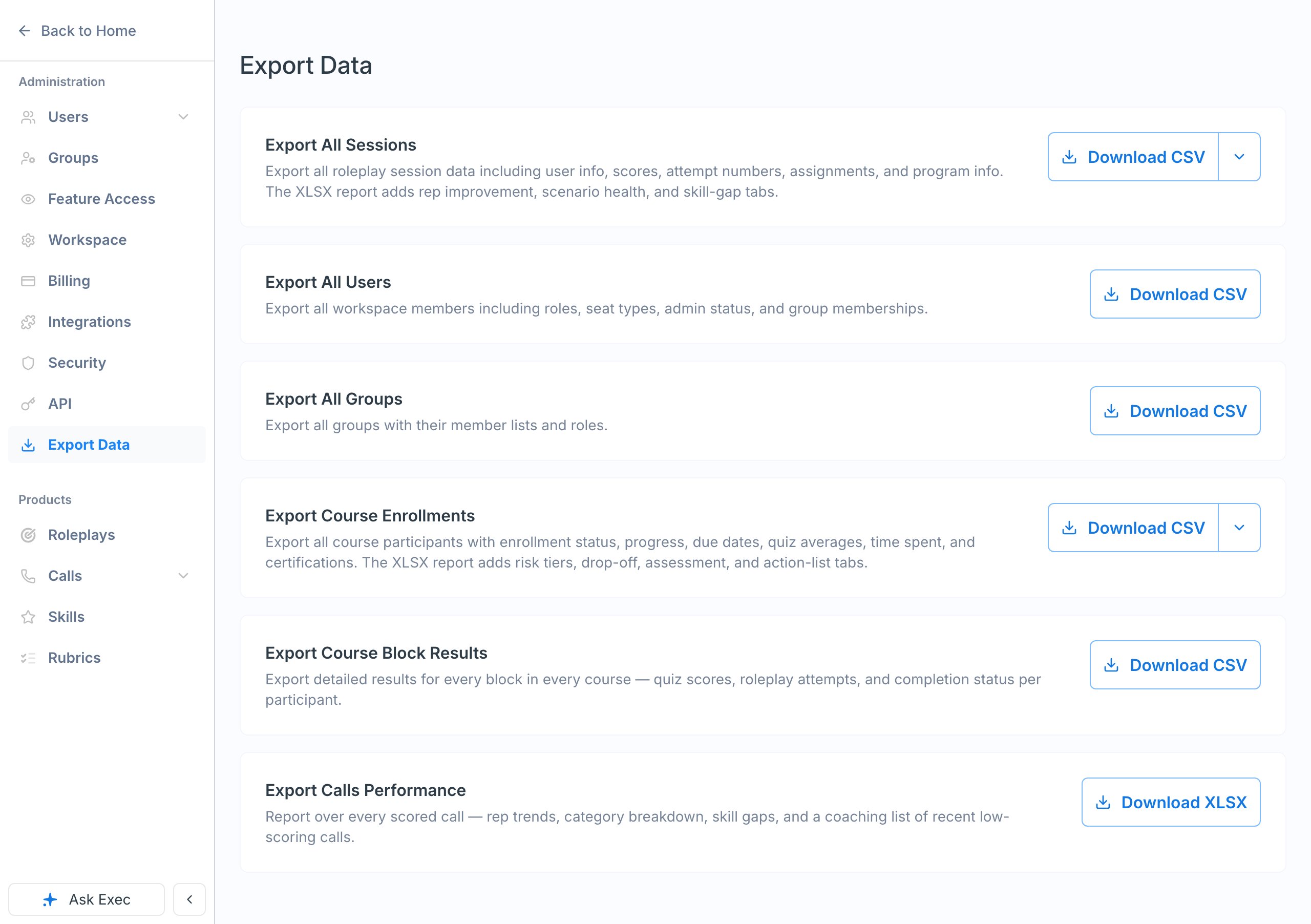 The Export Data page showing each available export