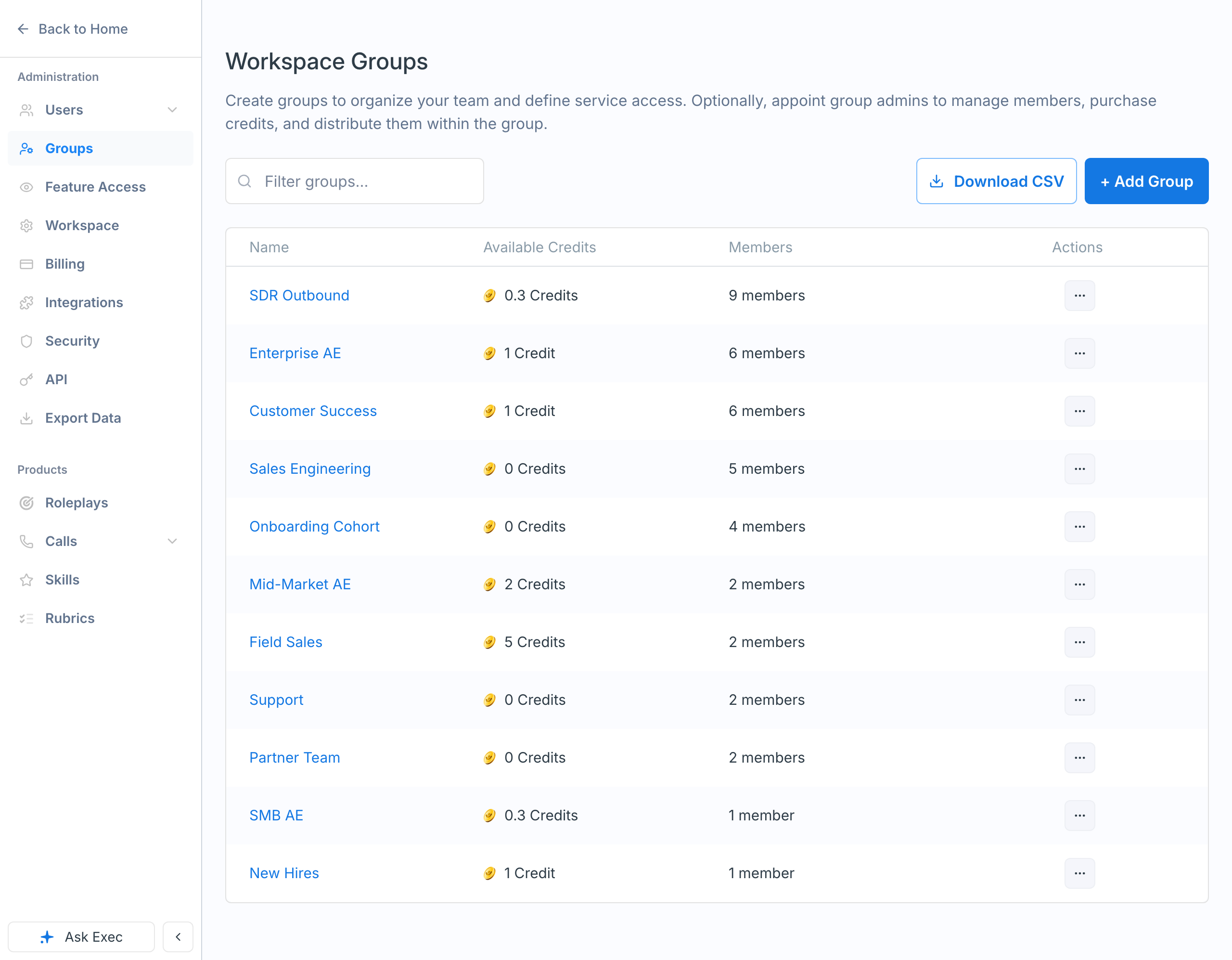 The Workspace Groups page in Settings