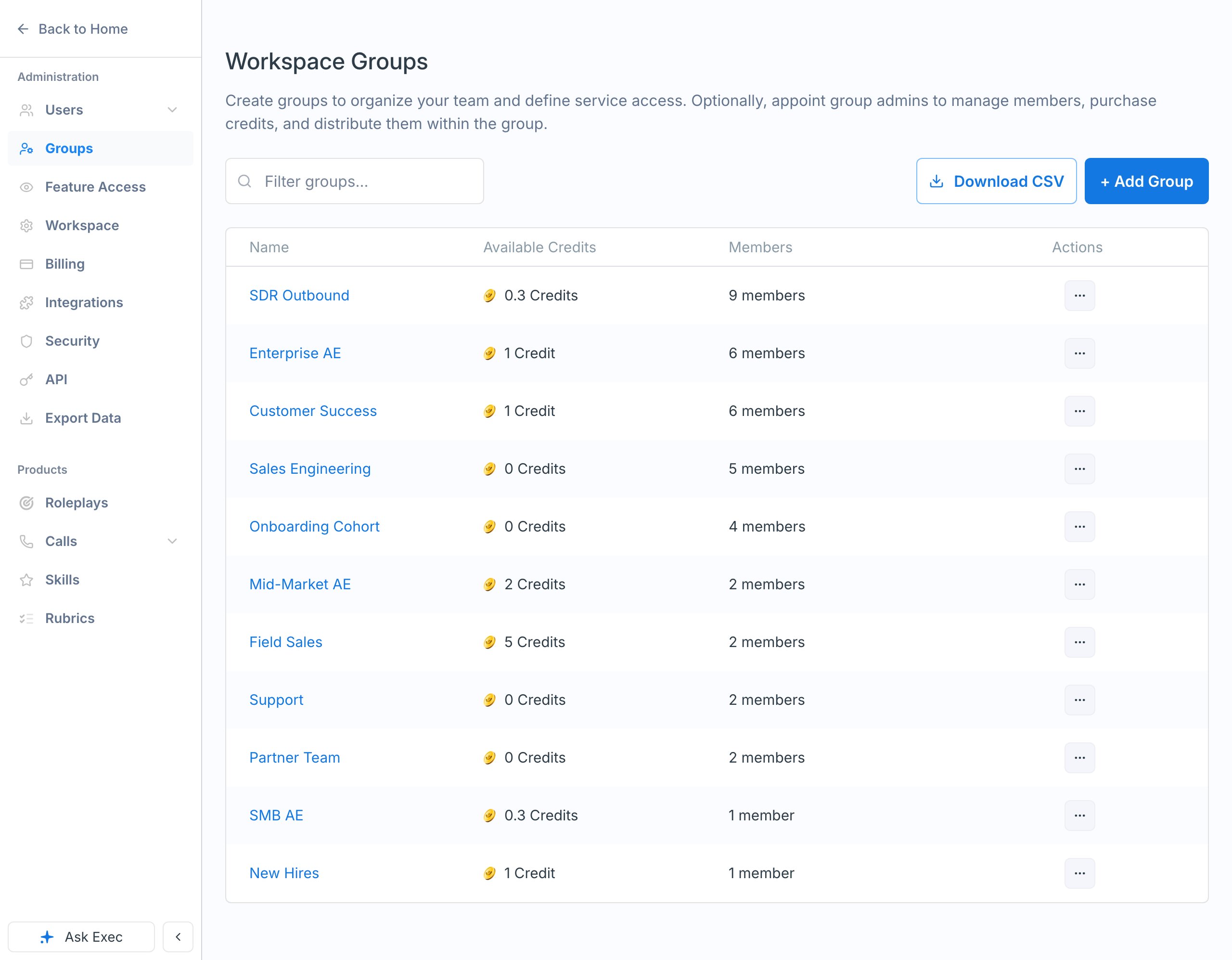 The Workspace Groups page in Settings