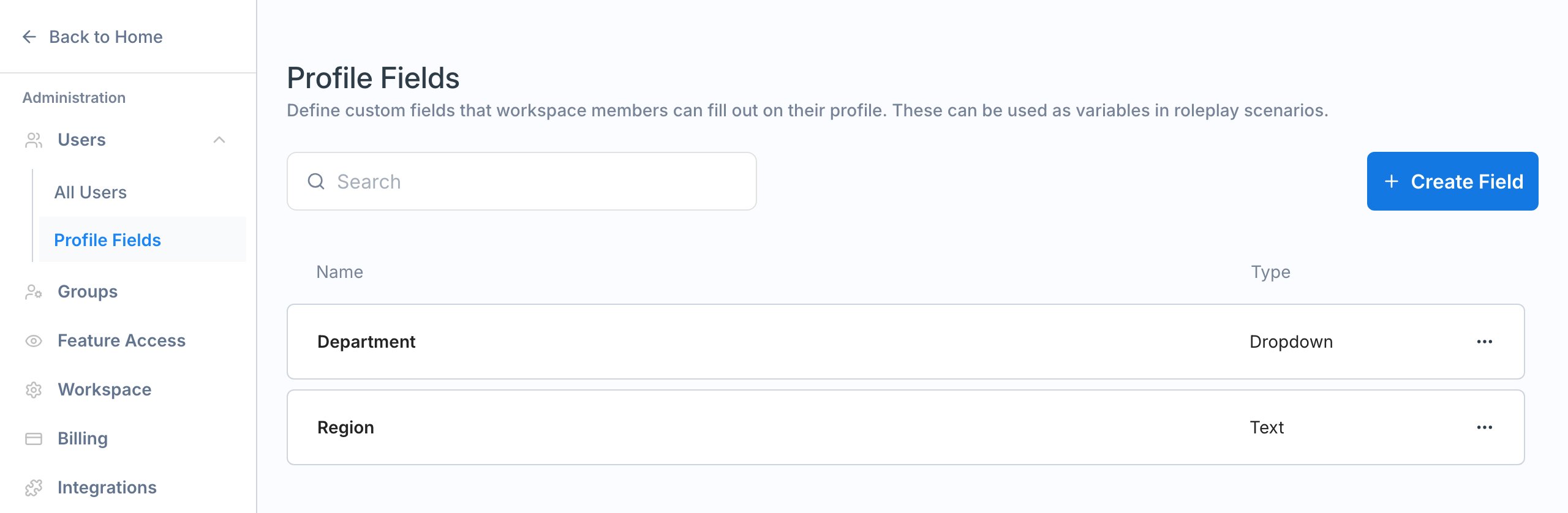 The Profile Fields page listing custom fields and their types