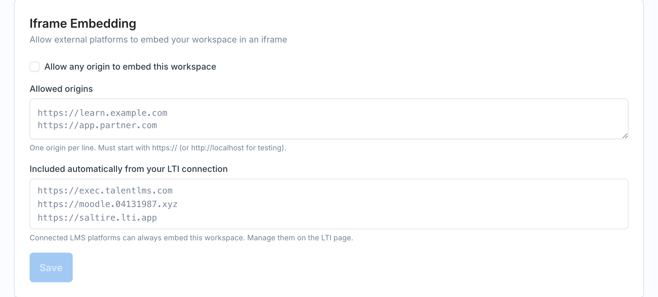 The Iframe Embedding section of the Security page with the allowed origins list