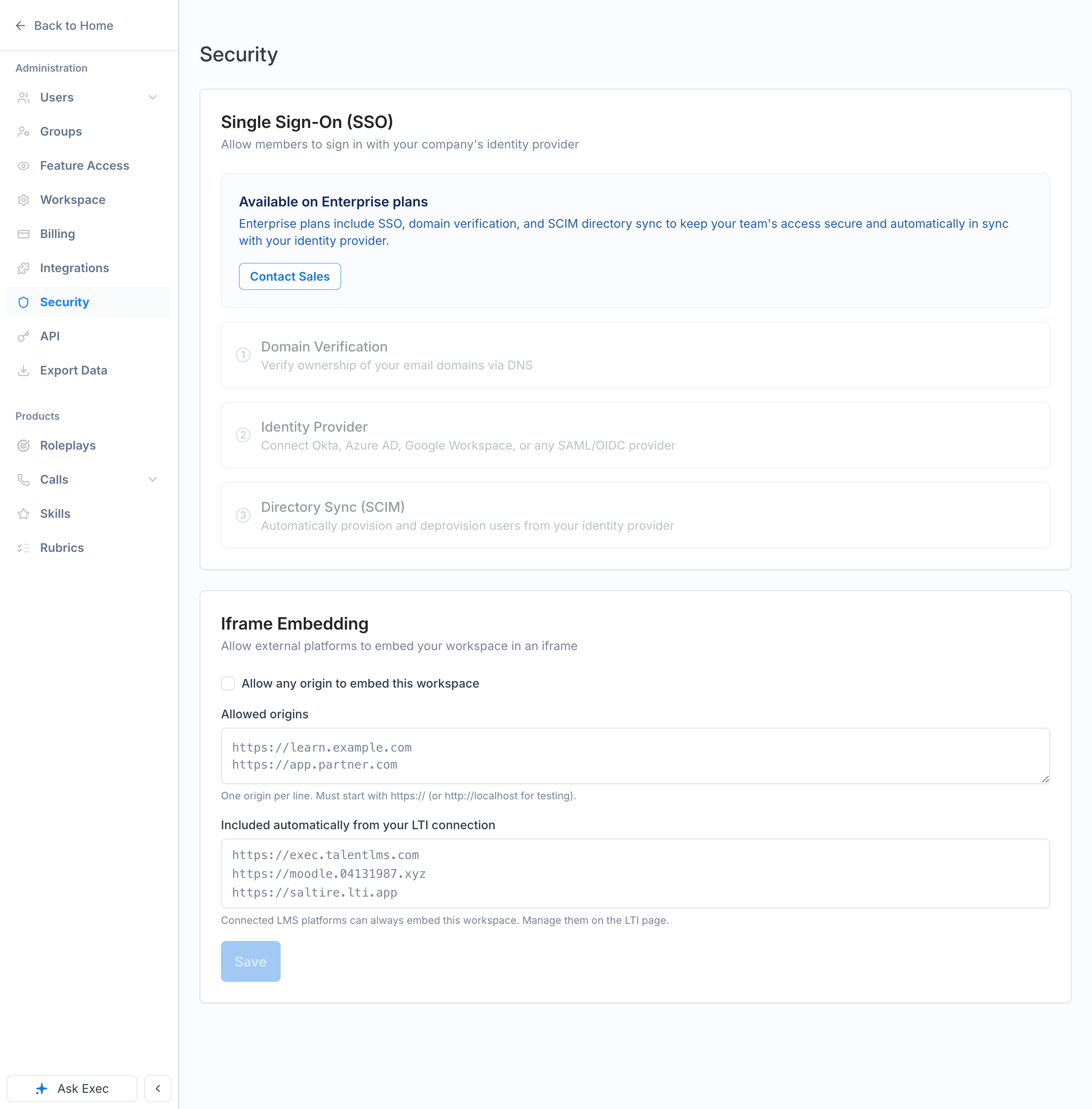 The Security page with the SSO setup sequence and Iframe Embedding