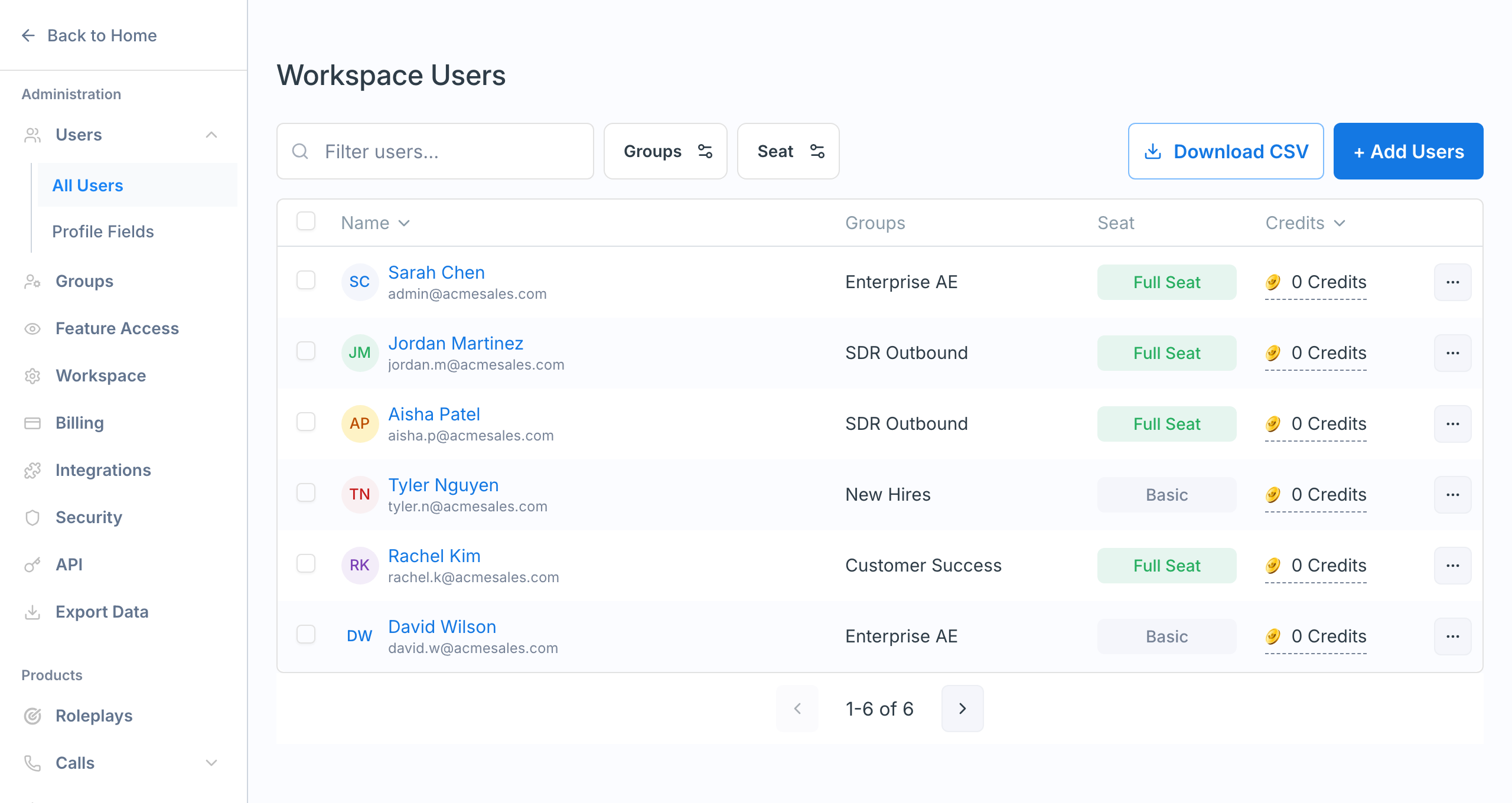 The Workspace Users page in Settings