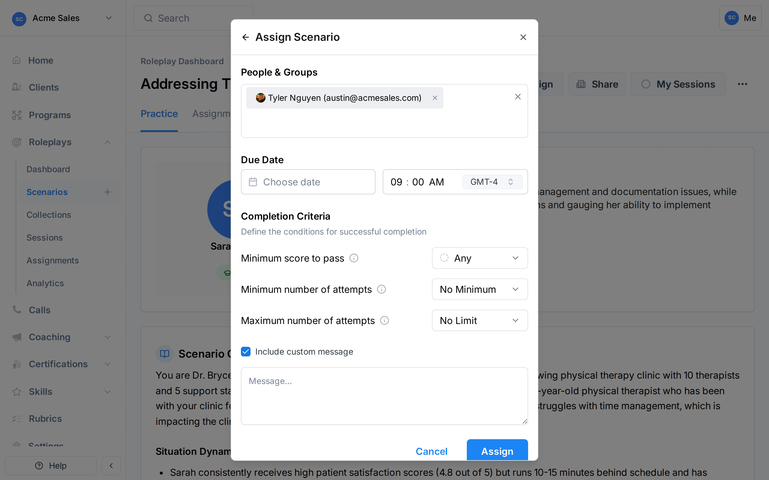 Assignment configuration showing due date, completion criteria, and custom message options