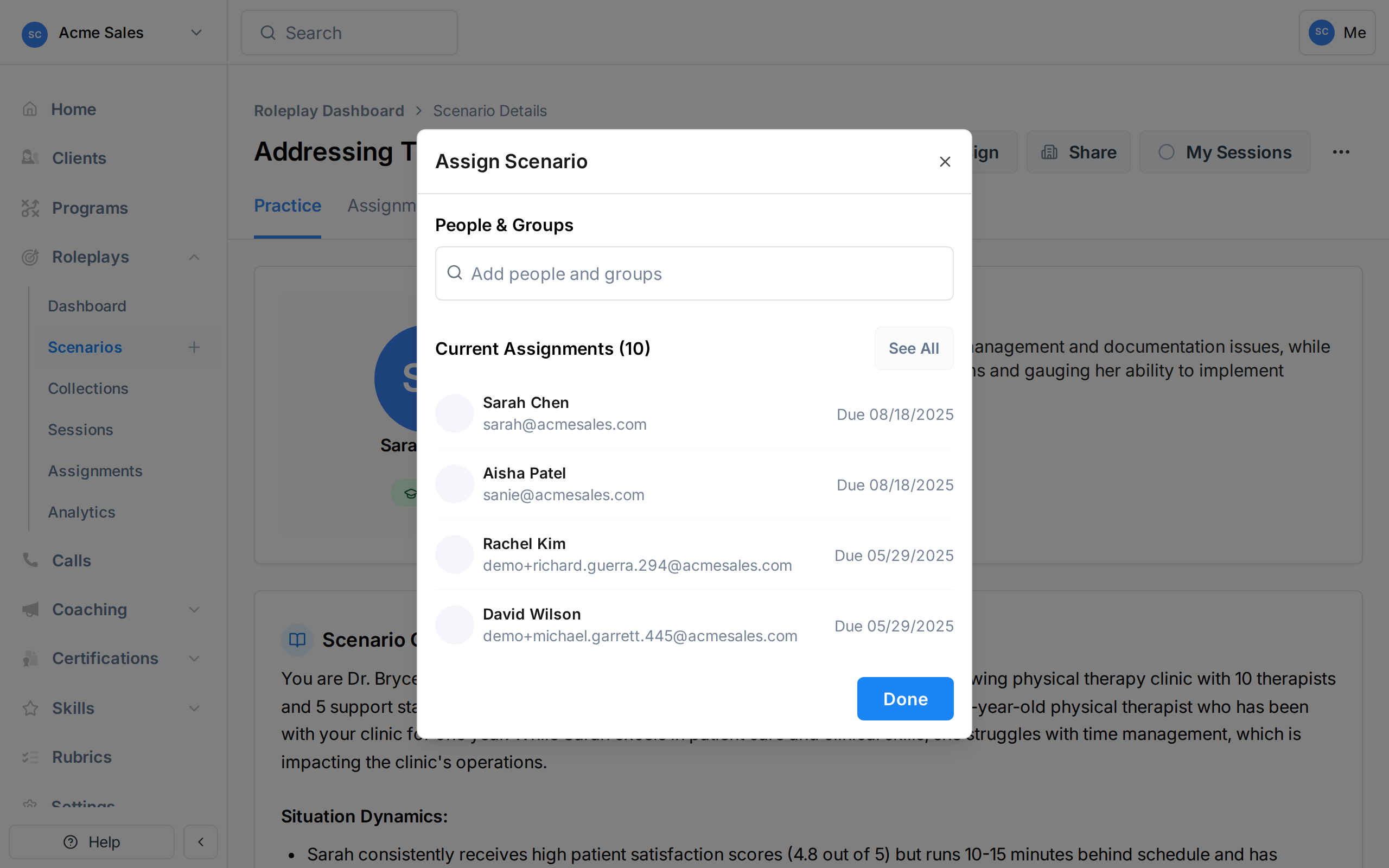 Assign Scenario dialog showing People and Groups search with current assignments