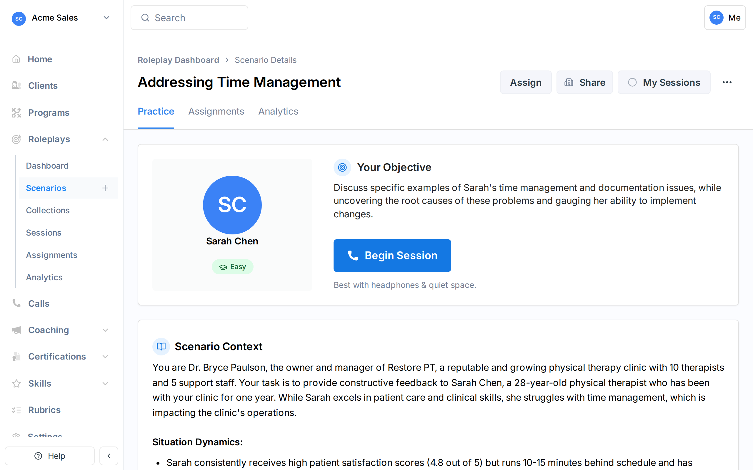 Scenario detail page with Assign button in the top-right corner
