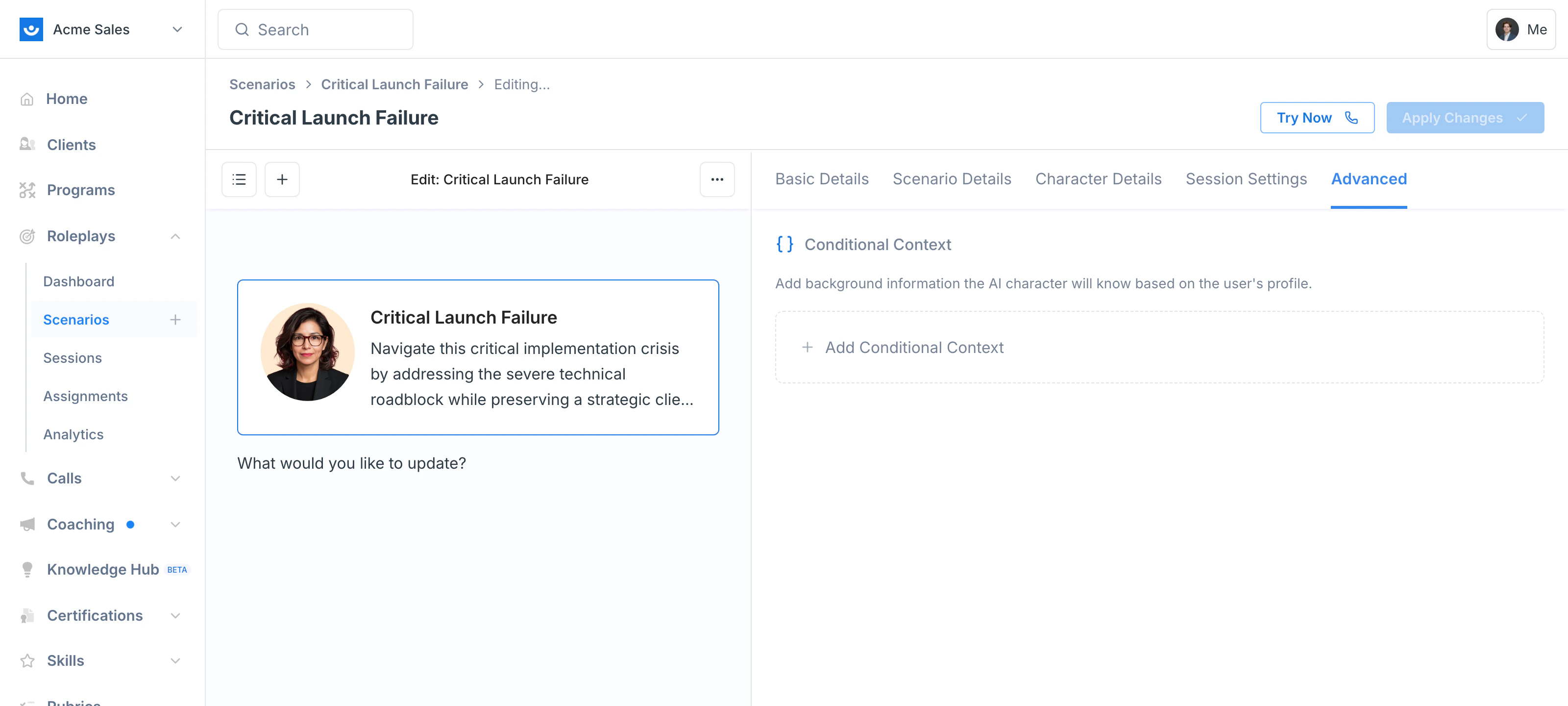 The Advanced tab in the Scenario Studio showing the Conditional Context section