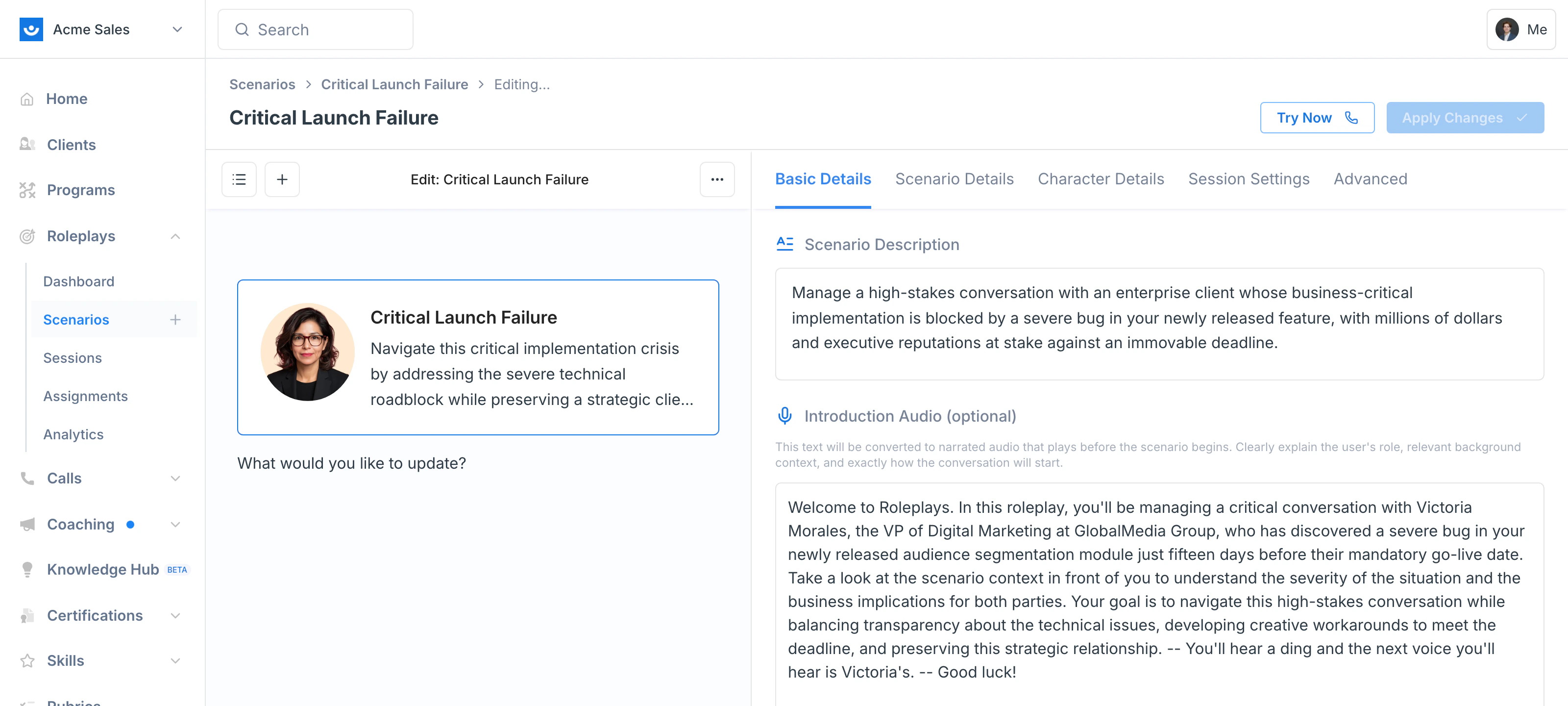 Scenario Studio with the Try Now and Apply Changes buttons at the top of the preview