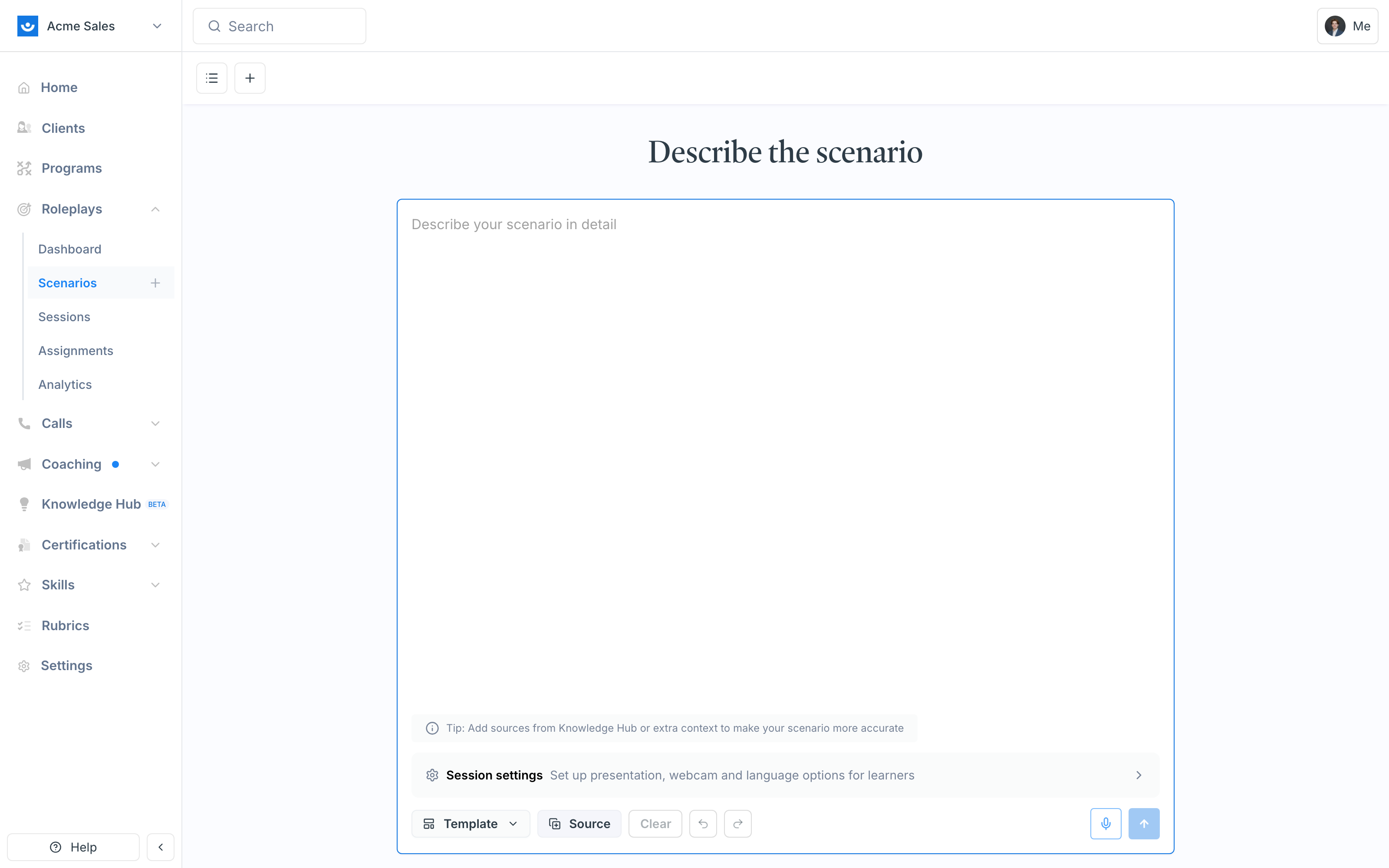 Scenario Studio with the Describe the scenario prompt and Template, Source, and Session settings options