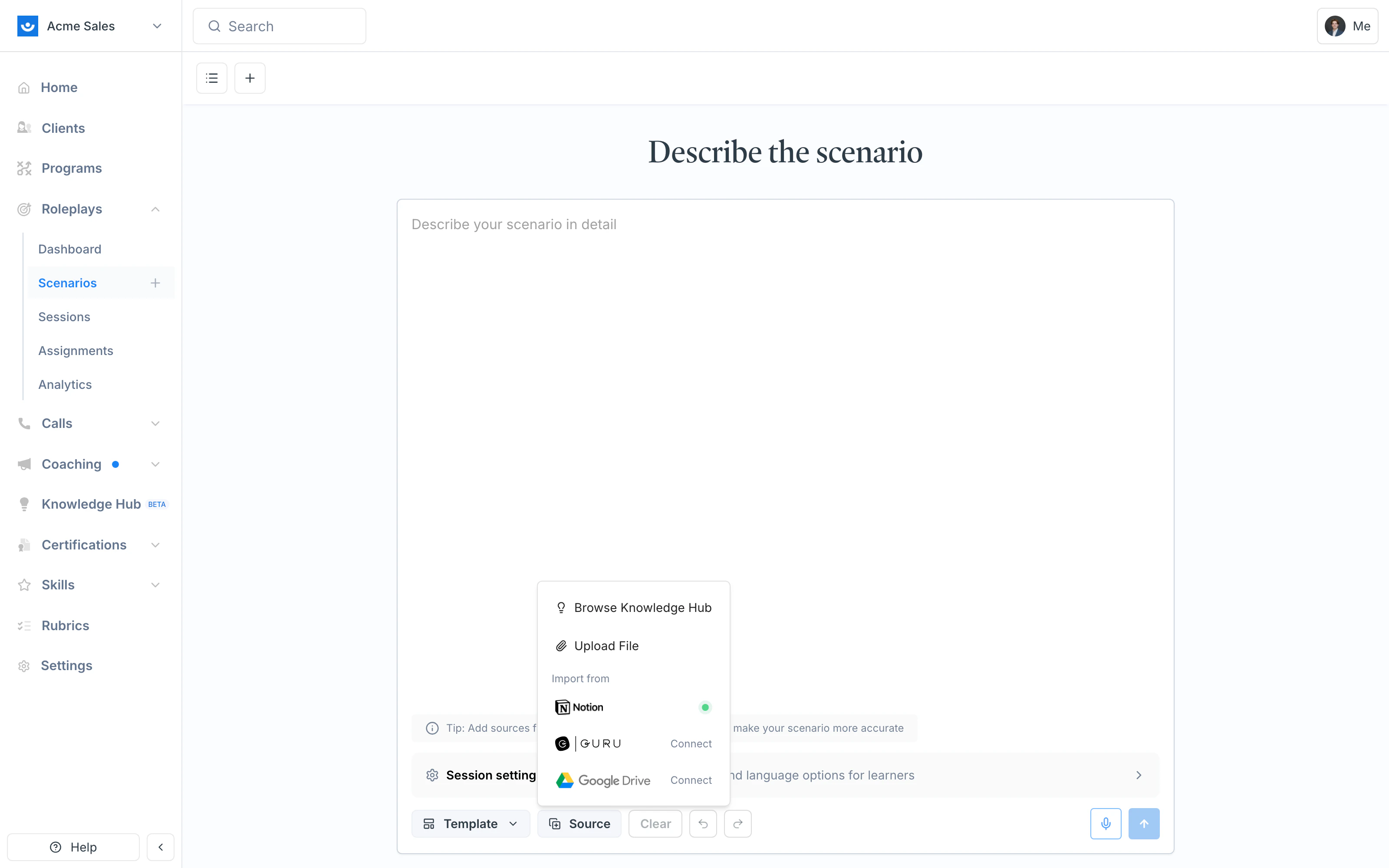 Source menu showing Browse Knowledge Hub, Upload File, and Import from Notion / Guru / Google Drive
