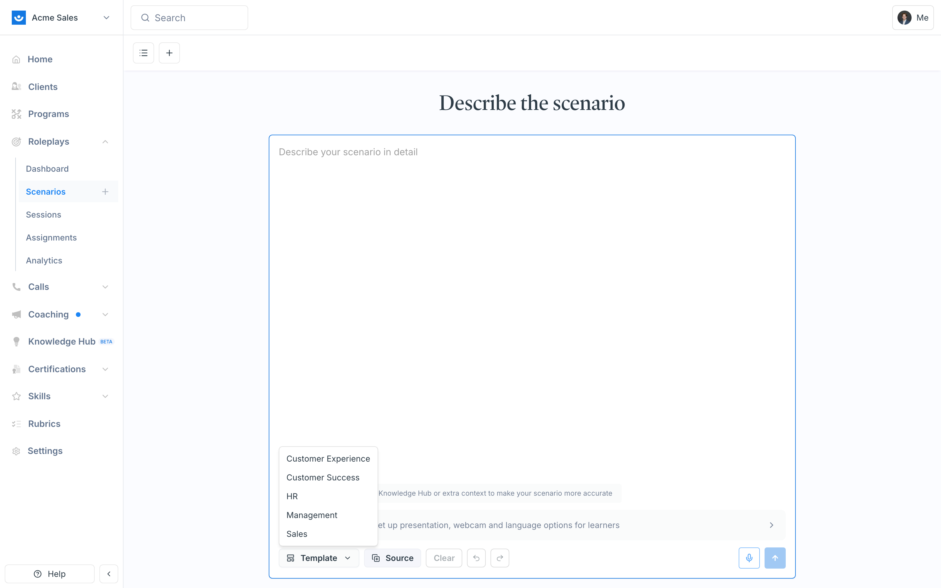 Template menu in the Scenario Studio organized by department