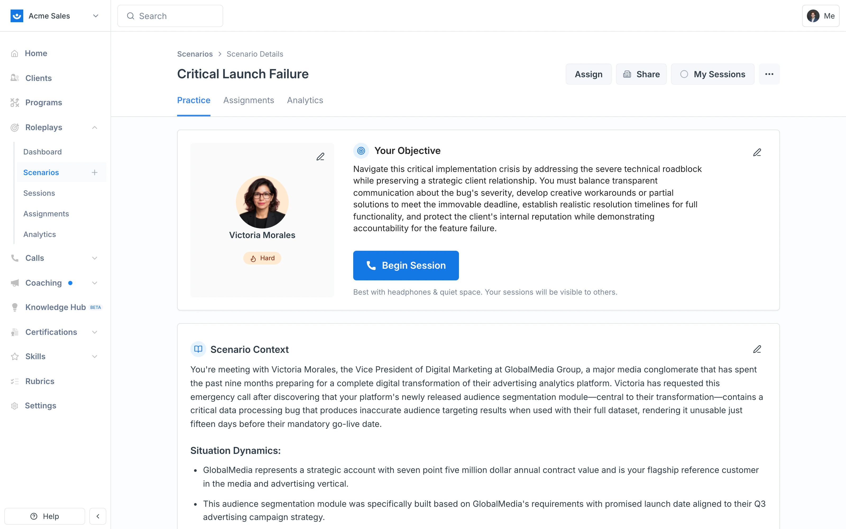 Scenario detail page with pencil icons indicating sections you can edit