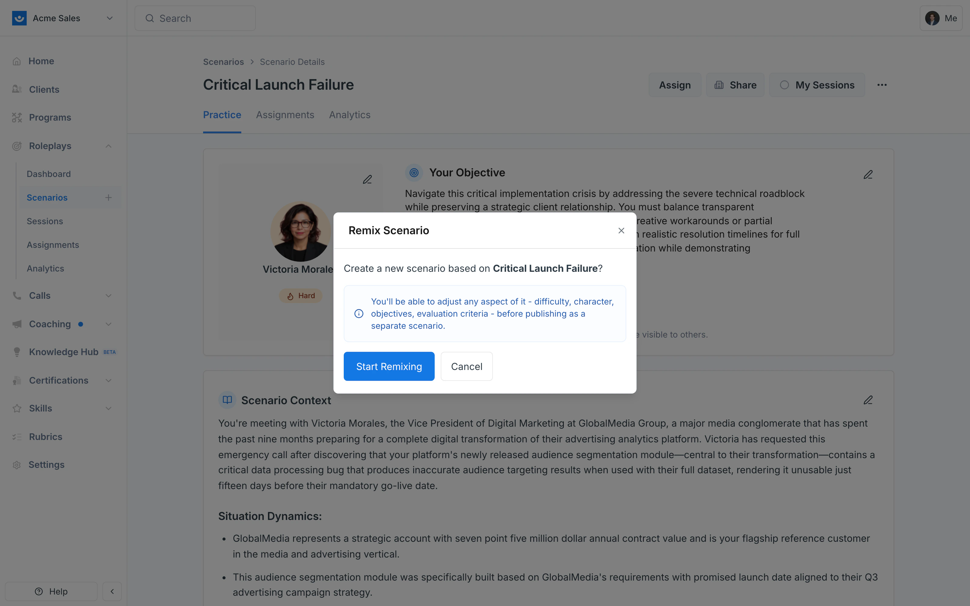 Remix Scenario confirmation modal with Start Remixing and Cancel buttons