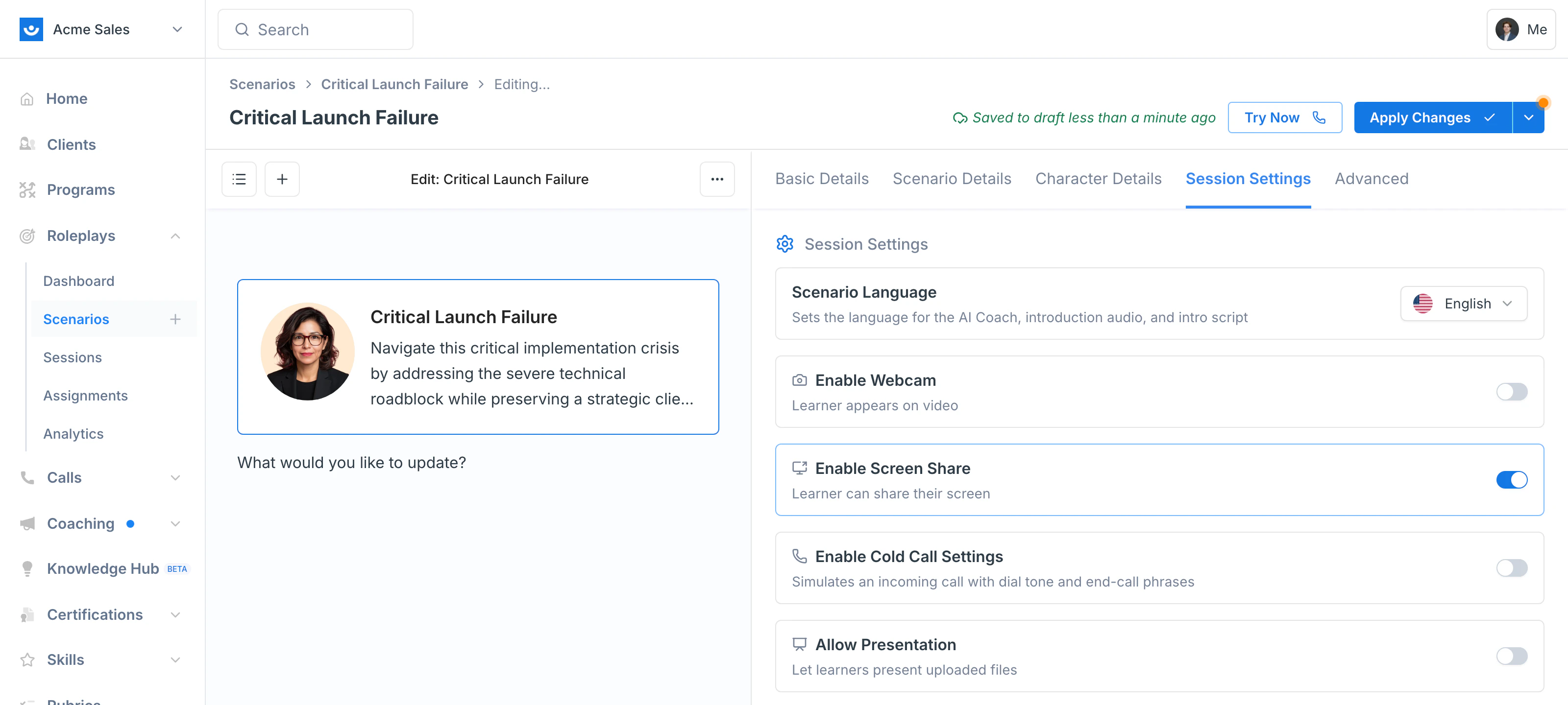 Session Settings tab with Enable Screen Share toggled on and Apply Changes active