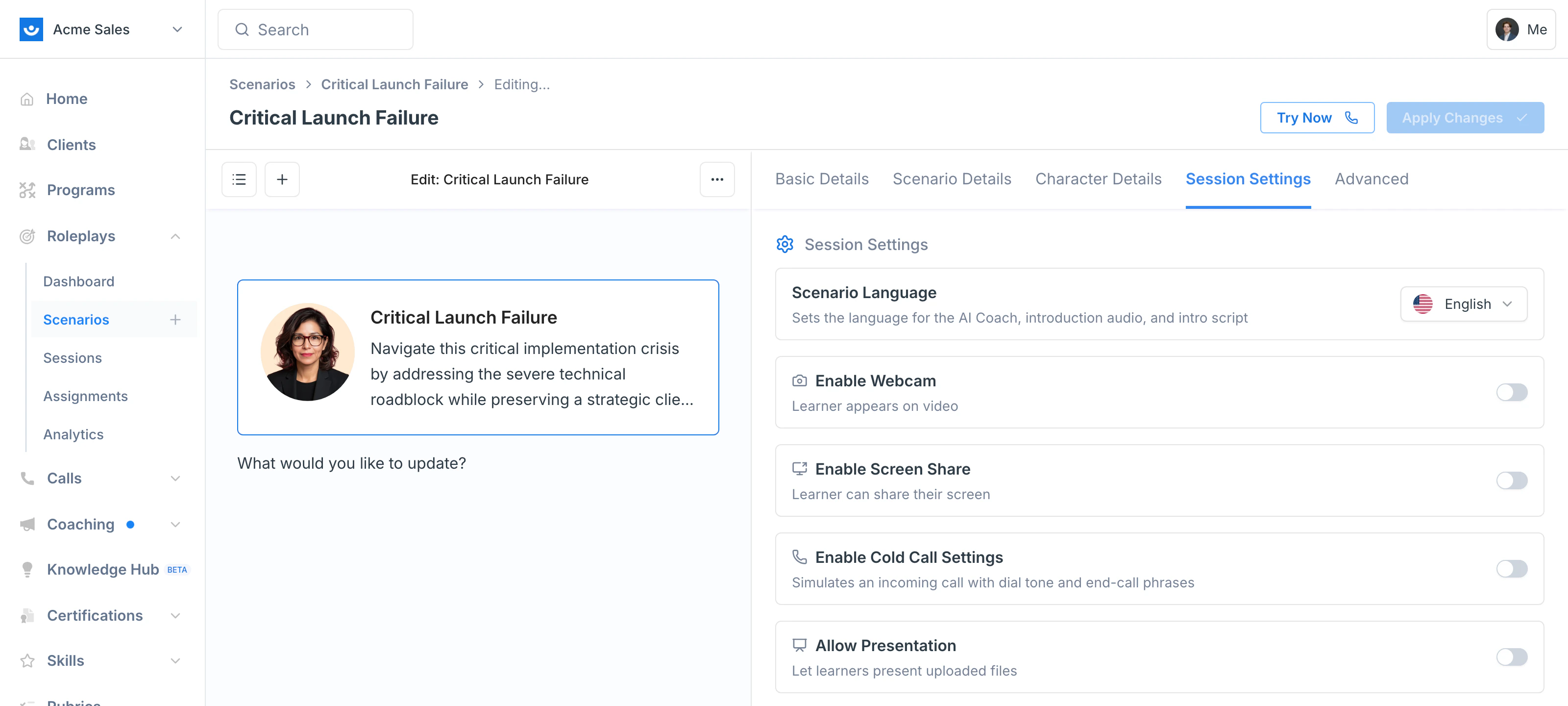 Session Settings tab showing language, webcam, screen share, cold call, and presentation toggles