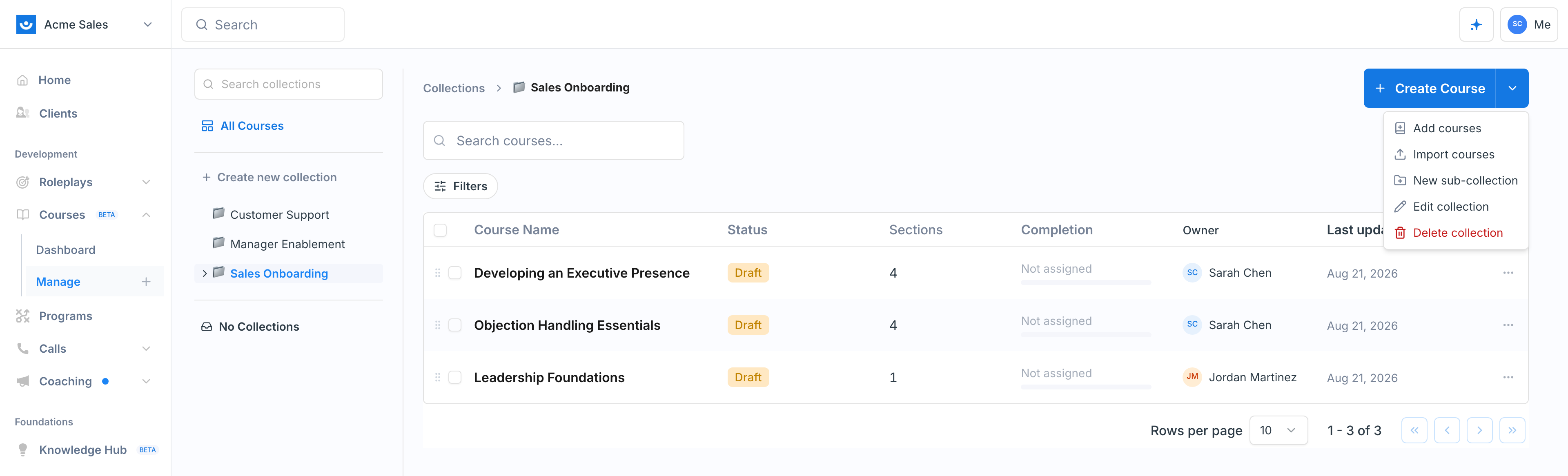 The collection actions menu showing Add courses, Import courses, New sub-collection, Edit collection, and Delete collection